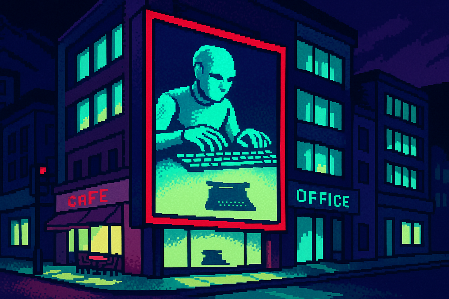 Pixel-art illustration: On a bustling street corner lined with cafes and office buildings, a digital billboard towers, displaying a live feed of an AI agent relentlessly writing code, its virtual fingers dancing at impossible speed across an ethereal keyboard, while beneath it, in a small, unnoticed detail, a shadow of a typewriter appears instead, faintly tapping out its own rhythm against the grain.