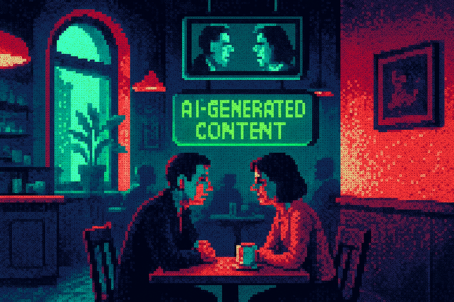 Pixel-art illustration: In the corner of a bustling European café, a bright digital label hangs from the ceiling like a punctuating annotation above a couple's tête-à-tête, its glowing text declaring "AI-generated content"; above it, another smaller screen flickers with the unsettling image of the couple reflected back but their mouths are moving in reverse as they speak.