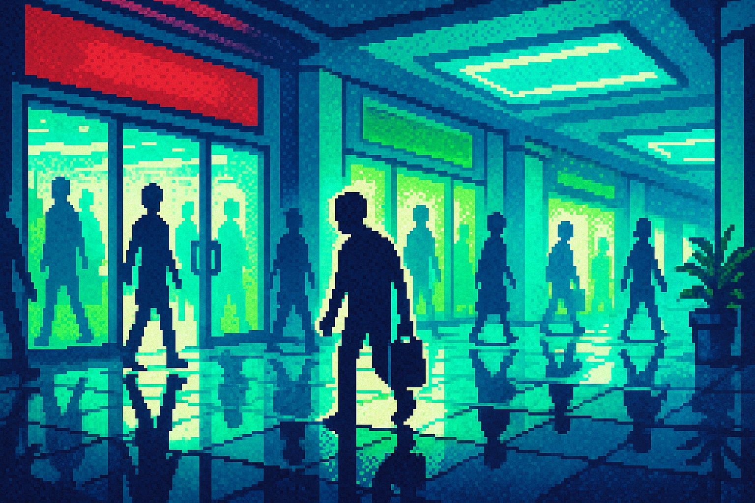 Pixel-art illustration: In a bustling shopping mall, a sea of customers sway around the brightly-lit storefronts, but beneath the reflective tiles of the floor, the shadows cast show only empty silhouettes, as if the shoppers themselves are missing.