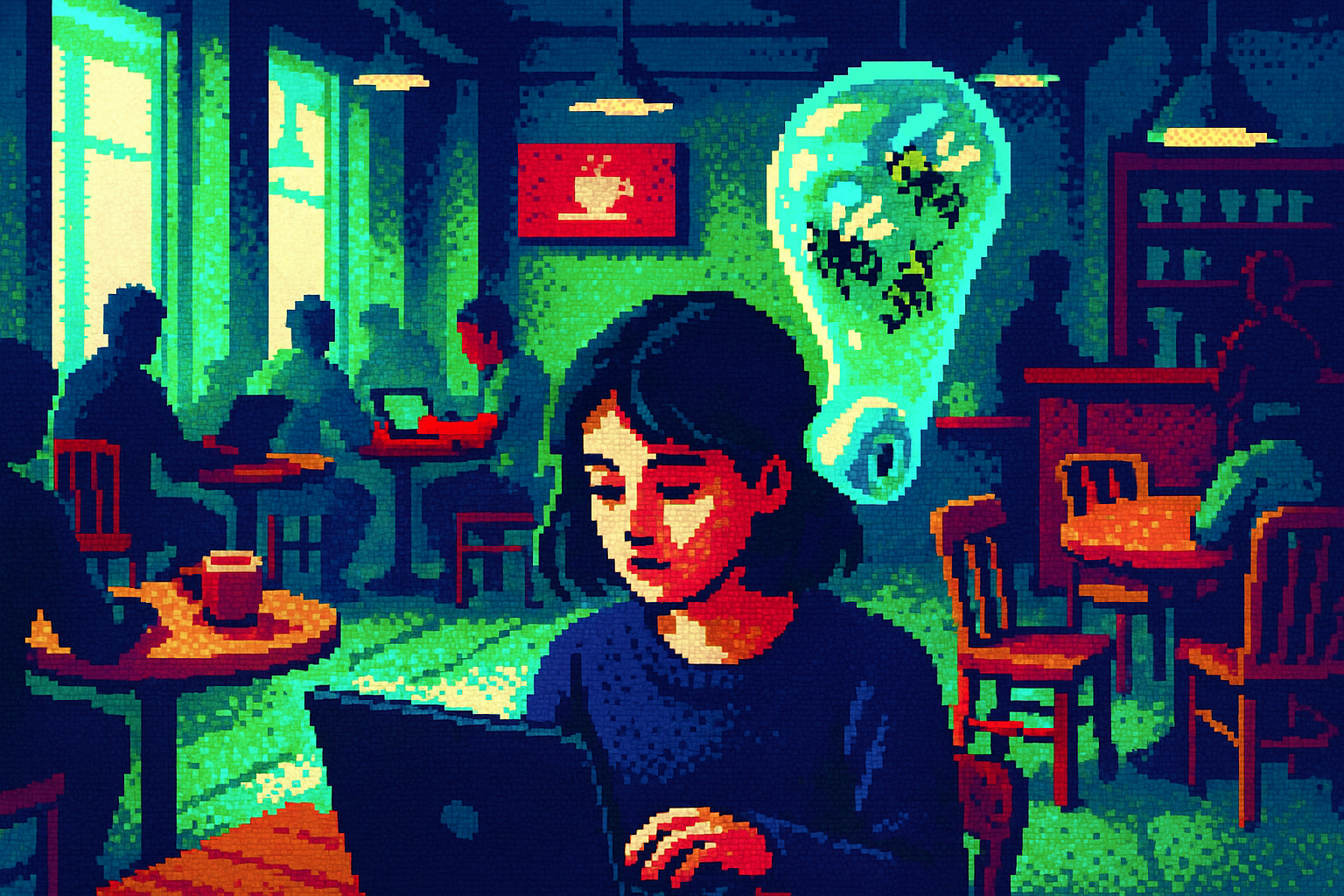 Pixel-art illustration: At a bustling coffee shop, patrons sit scattered among the worn wooden tables, sipping lattes and typing fervently on their devices, as an unnoticed AirPod floats just above the head of a young woman, capturing and processing the vibrant chaos around her with a hive of mechanical bees buzzing softly within its translucent shell.