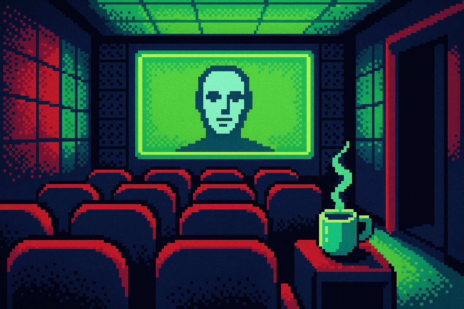 Pixel-art illustration: Inside an empty, soundproofed room, rows of plush chairs face a sleek screen, where an AI avatar conducts an interview; in one chair sits a lone coffee cup, steam rising steadily despite no one being present to sip from it.