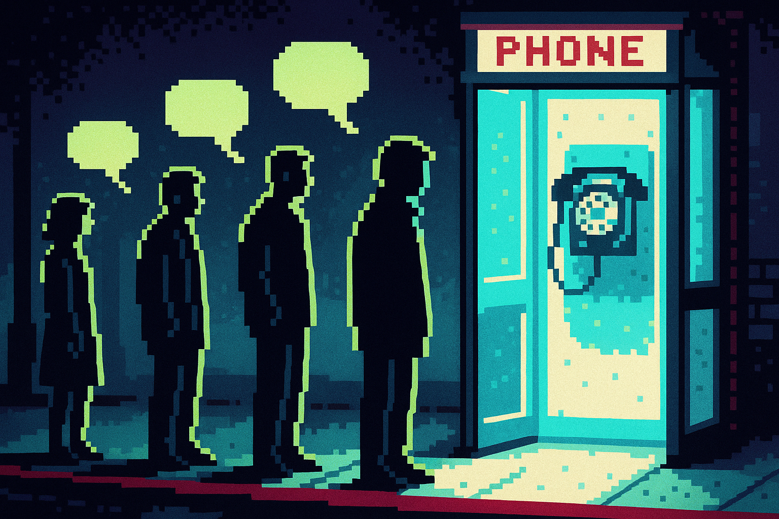 Pixel-art illustration: A line of people stretches out from a glowing phone booth on a dimly lit sidewalk, each waiting their turn to step inside and ask a question into the old rotary phone, but the answers they receive float silently back to the curious crowd through speech bubbles forming in the cold night air.