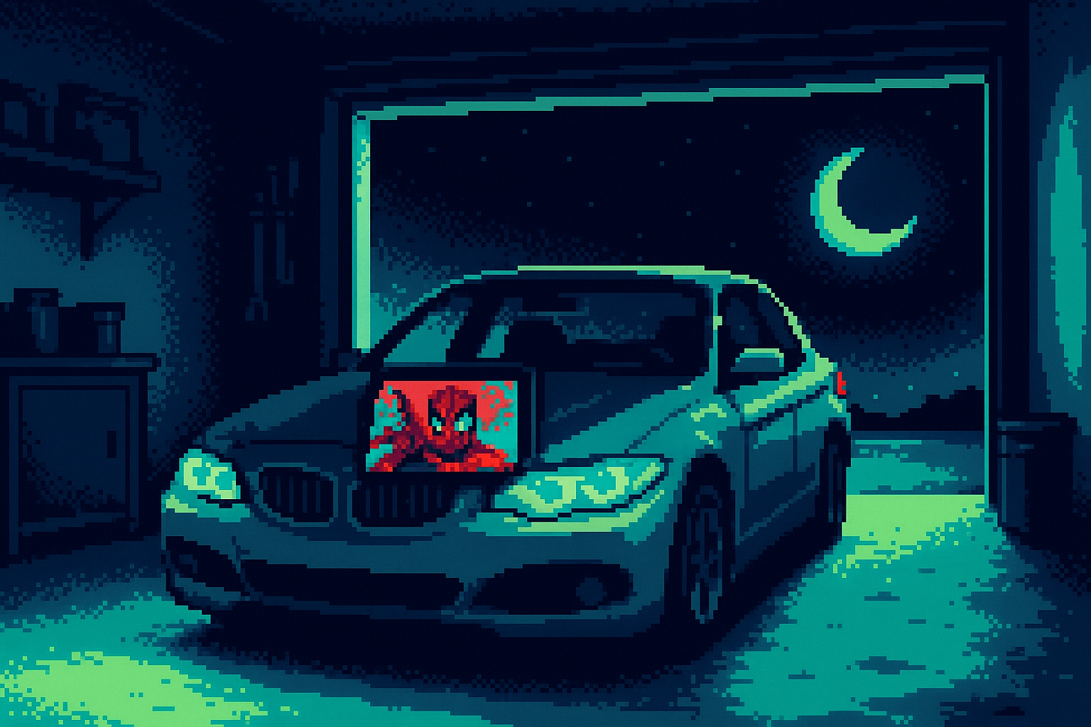 Pixel-art illustration: In a dimly lit garage, a sleek BMW sits idling, its dashboard suddenly aglow with the vibrant red and blue of a Spider-Man ad playing on the center console; just outside the open garage door, a crescent moon hangs impossibly low on the horizon, casting shadows where light should be.