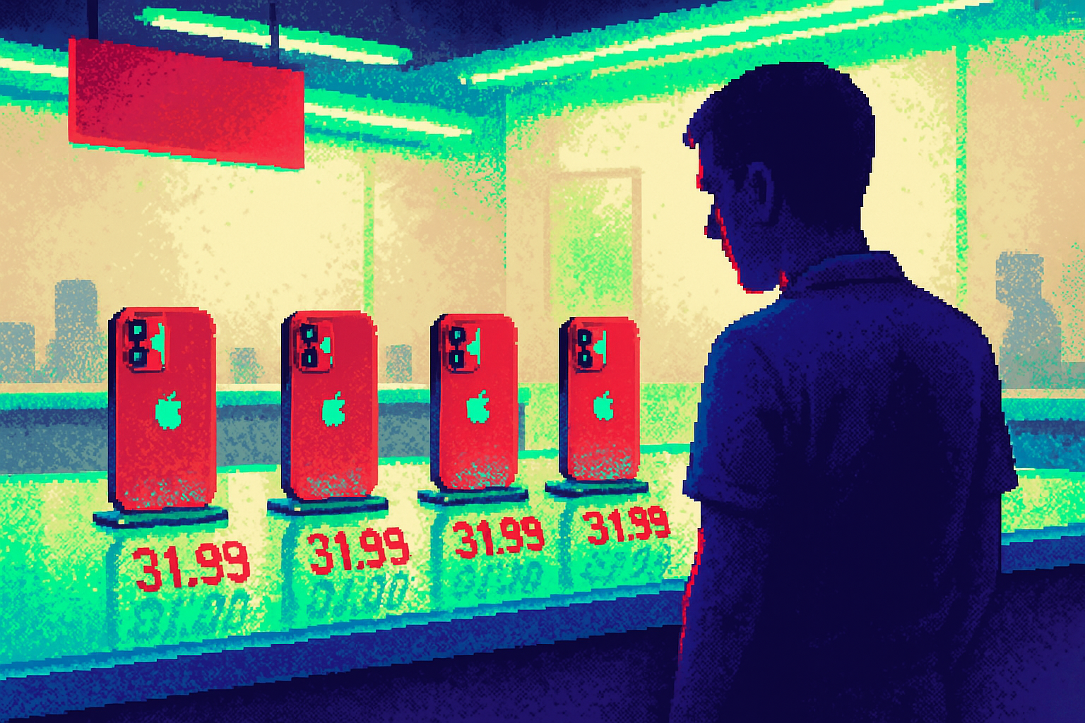 Pixel-art illustration: In a brightly lit store, with shiny new iPhones displayed upon a sleek, glass counter, a customer stands transfixed, staring at the perfectly drawn $31.99 price tag beneath each device as if it casts a spell; yet, in the reflection of the polished counter, the numbers are subtly reversed and seem to ripple like water, defying logic amidst the high-tech showroom.