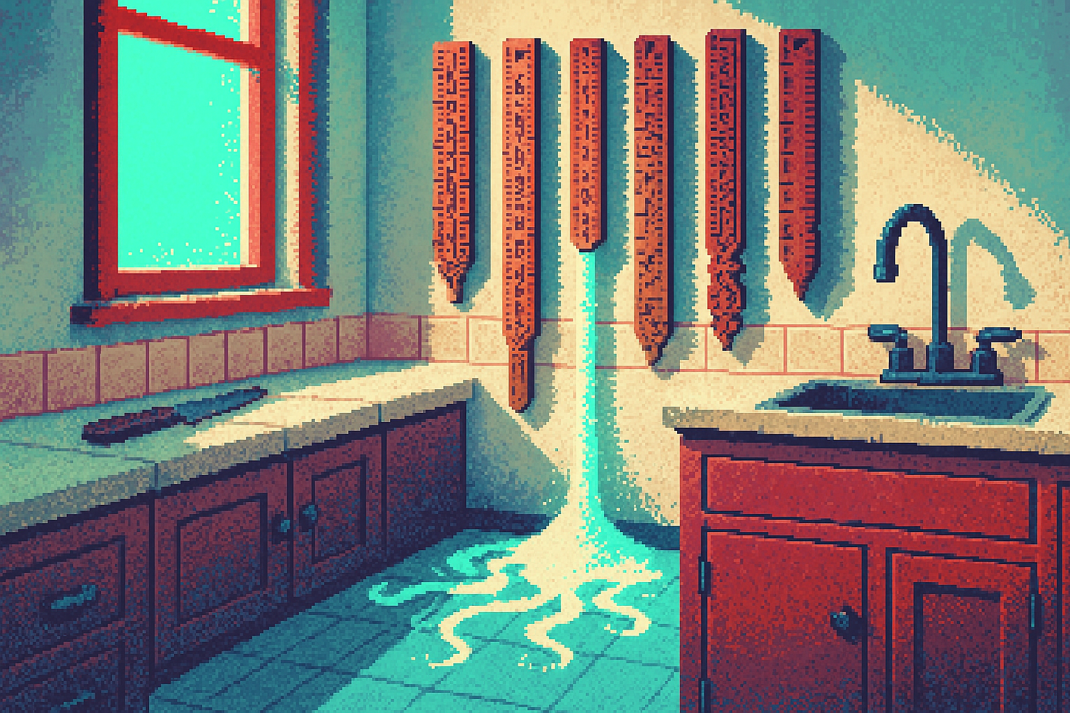 Pixel-art illustration: In a sunlit kitchen, a row of intricately carved wooden rulers lines the wall like a collection of ancient artifacts, each with different markings and numbering styles, and in their shadows, a stream of sand from an unseen source pours onto the floor, forming ambiguous patterns that shift and change with no apparent logic.