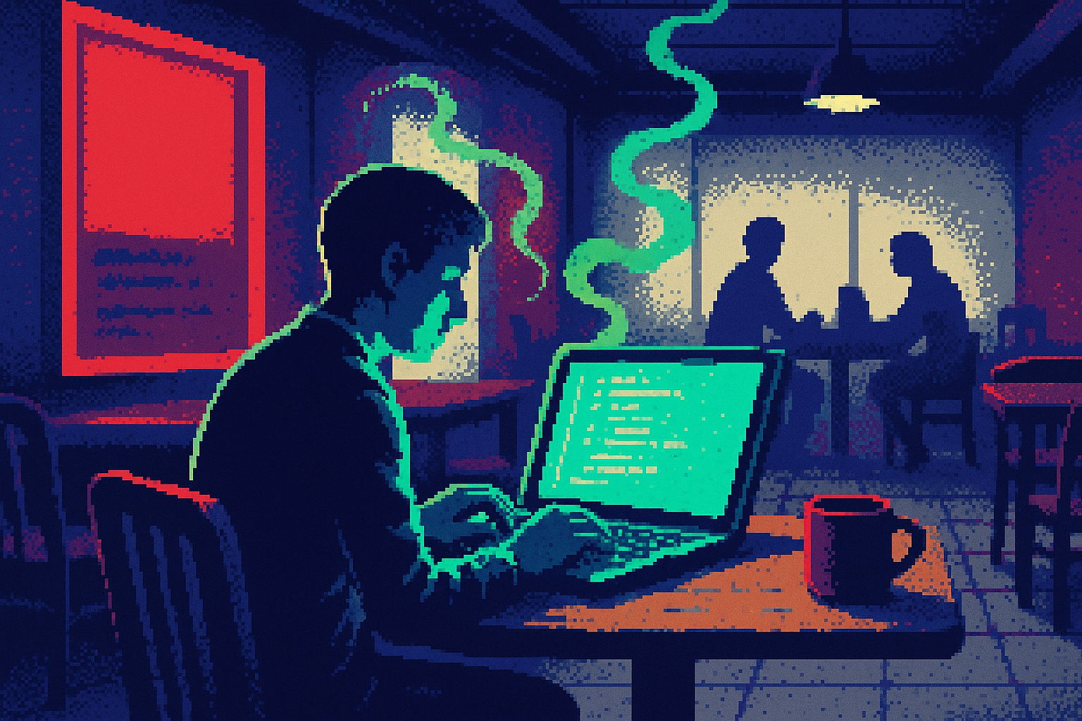 Pixel-art illustration: In a dimly lit coffee shop, under the gentle hum of conversations, a sleek laptop sits open on a wooden table, its screen casting a soft glow on the face of a lone programmer who, despite the lack of Wi-Fi, effortlessly alters code lines as the peculiar scent of ozone subtly wafts through the ambience, bending the shadows around it like wisps of smoke caught in a breeze that isn't there.