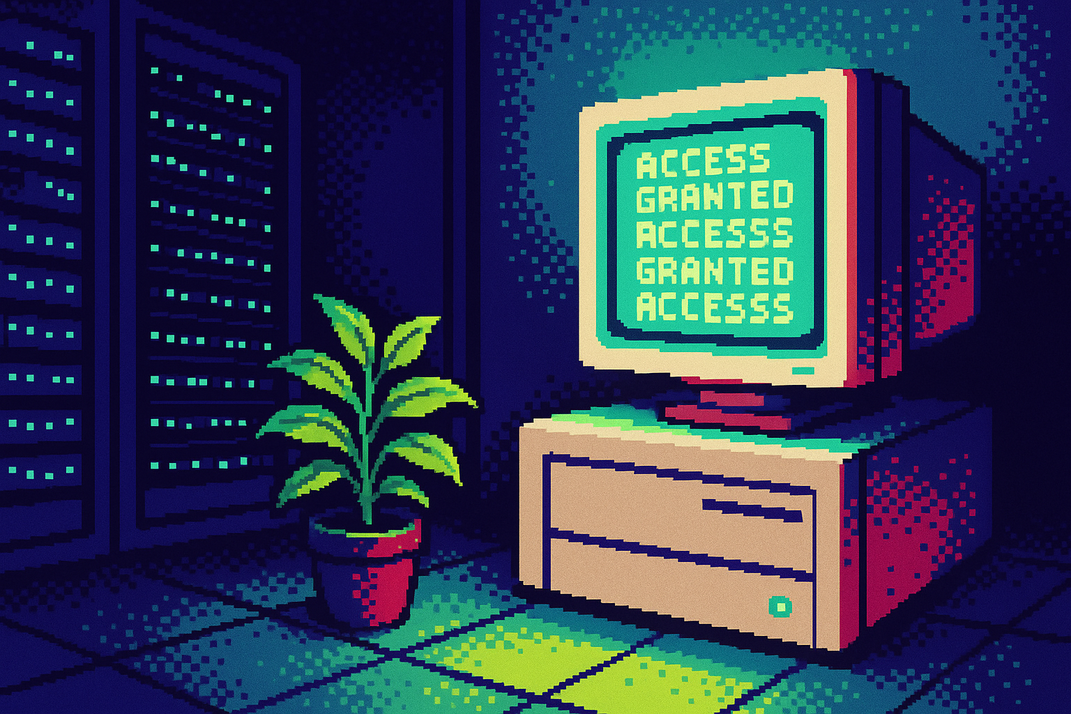 Pixel-art illustration: In a dimly lit server room filled with the whir of cooling fans and blue lights flickering across racks of humming machines, a single monitor displays a scrolling list of offensive cyber tasks, each line of code accepted without pause, while a small plant in the corner inexplicably grows at double speed, its leaves unfurling almost visibly.