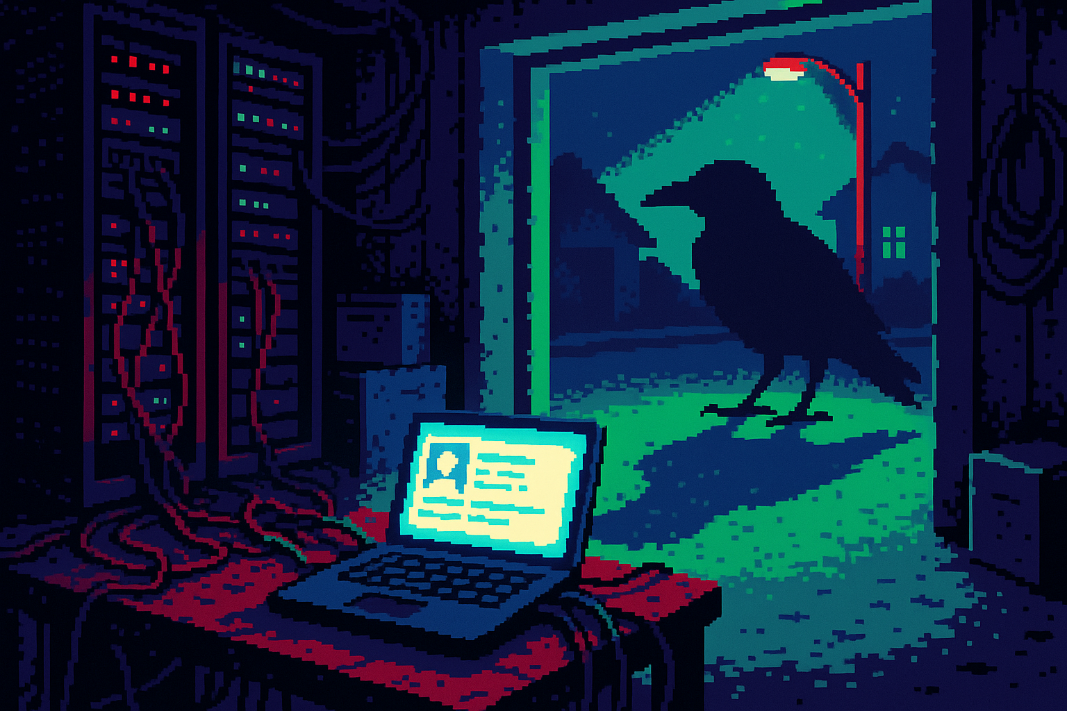 Pixel-art illustration: In a dimly lit garage cluttered with dusty server racks and tangled Ethernet cables, a laptop screen glows with the image of a fake identity's social media profile, while outside the flickering streetlamp inexplicably casts a silhouette of an enormous raven poised on the pavement, even though no bird is there.