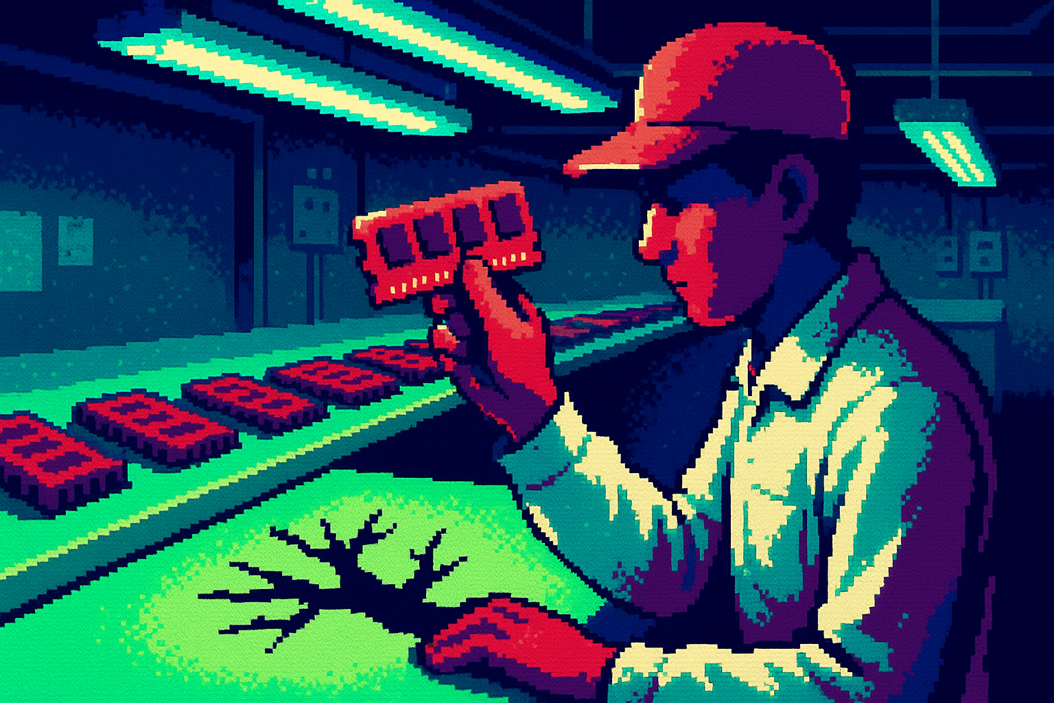 Pixel-art illustration: Under the flickering fluorescence of a factory floor in Suwon, South Korea, an endless row of chocolate-colored RAM chips move serenely along the assembly line, their surfaces reflecting the overhead lights like calm mirror ponds, yet when one worker lifts a chip to examine it, its shadow on the table inexplicably stretches into a jagged silhouette of a barren tree.