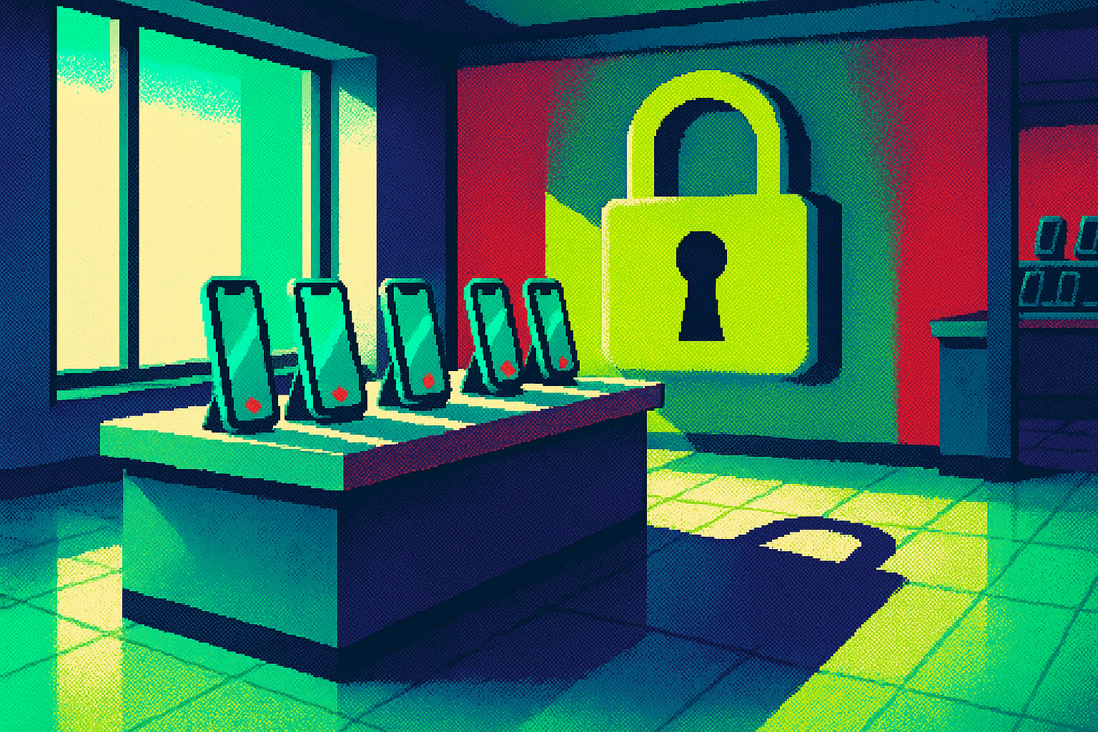 Pixel-art illustration: In a sunlit tech retail store, sleek iPhones stand in neat rows, each gleaming device encased in glass; a towering, human-sized, golden lock ominously appears on the wall behind them, its shadow stretching impossibly long across the polished floor, hinting at confinement rather than freedom.