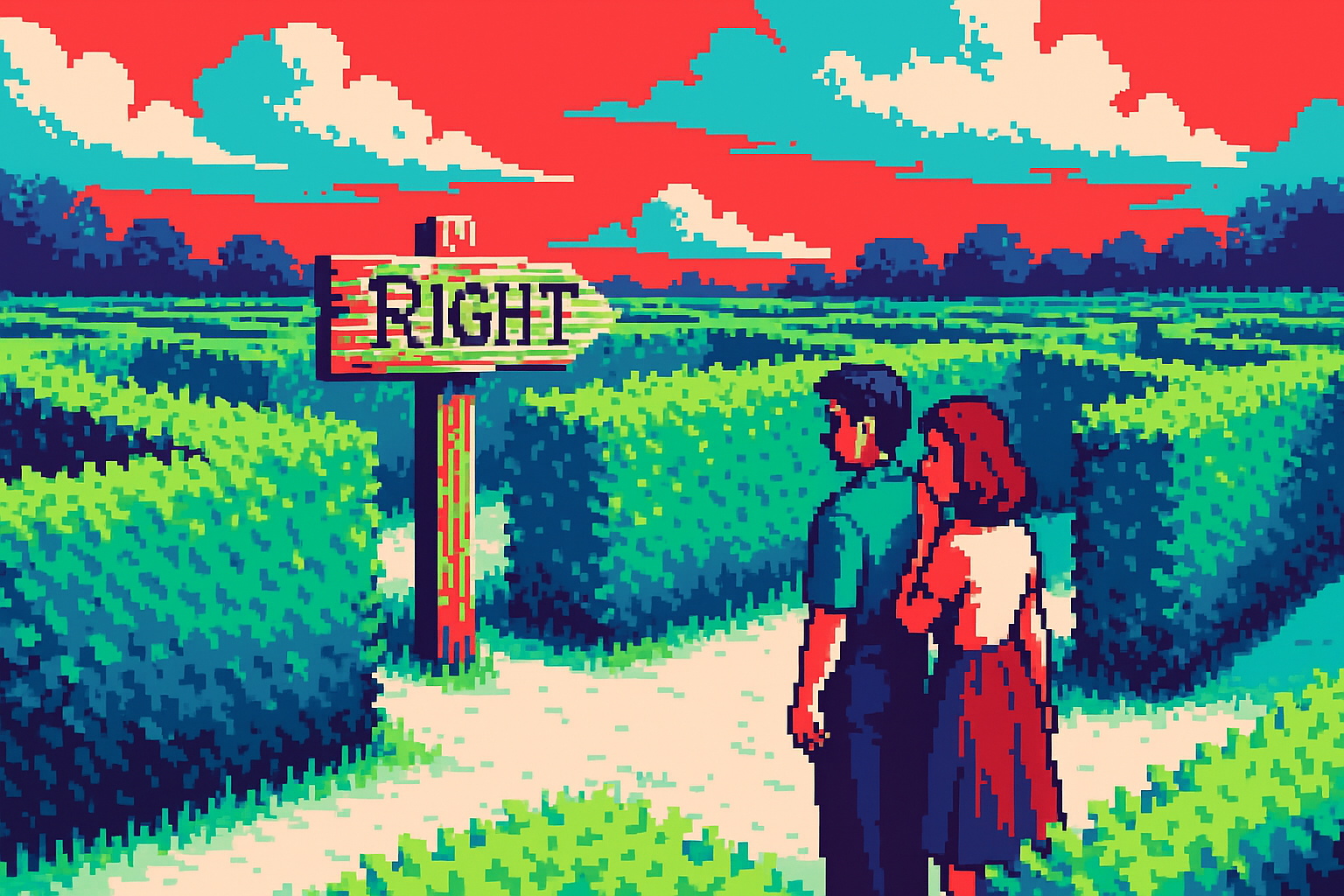 Pixel-art illustration: A labyrinthine garden maze stretches out under a cotton-candy sky, with paths lined by hedges so tall they obscure the horizon; yet, as a bewildered couple deliberates at a fork in the path, a wooden signpost pointing confidently left bears the word “RIGHT” carved in deep, looping script.