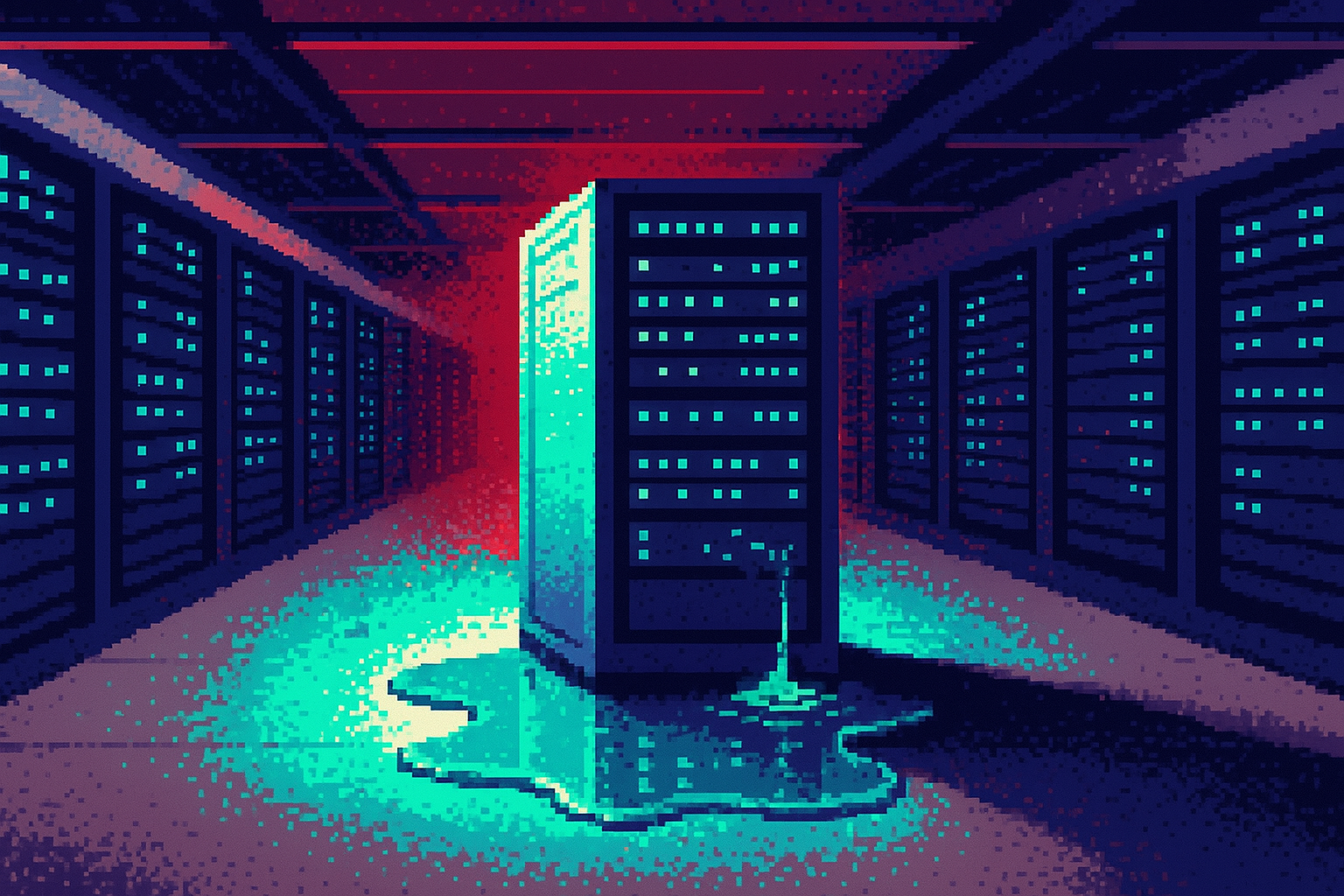 Pixel-art illustration: Inside the cavernous, dimly lit expanse of SpaceX's Memphis data center, rows of humming servers stretch endlessly into the shadows, their LED lights blinking rhythmically like artificial stars, while an incongruous, slowly expanding puddle pools out from the base of a central unit, reflecting the distant ceiling in eerie, unnaturally skewed perspectives.