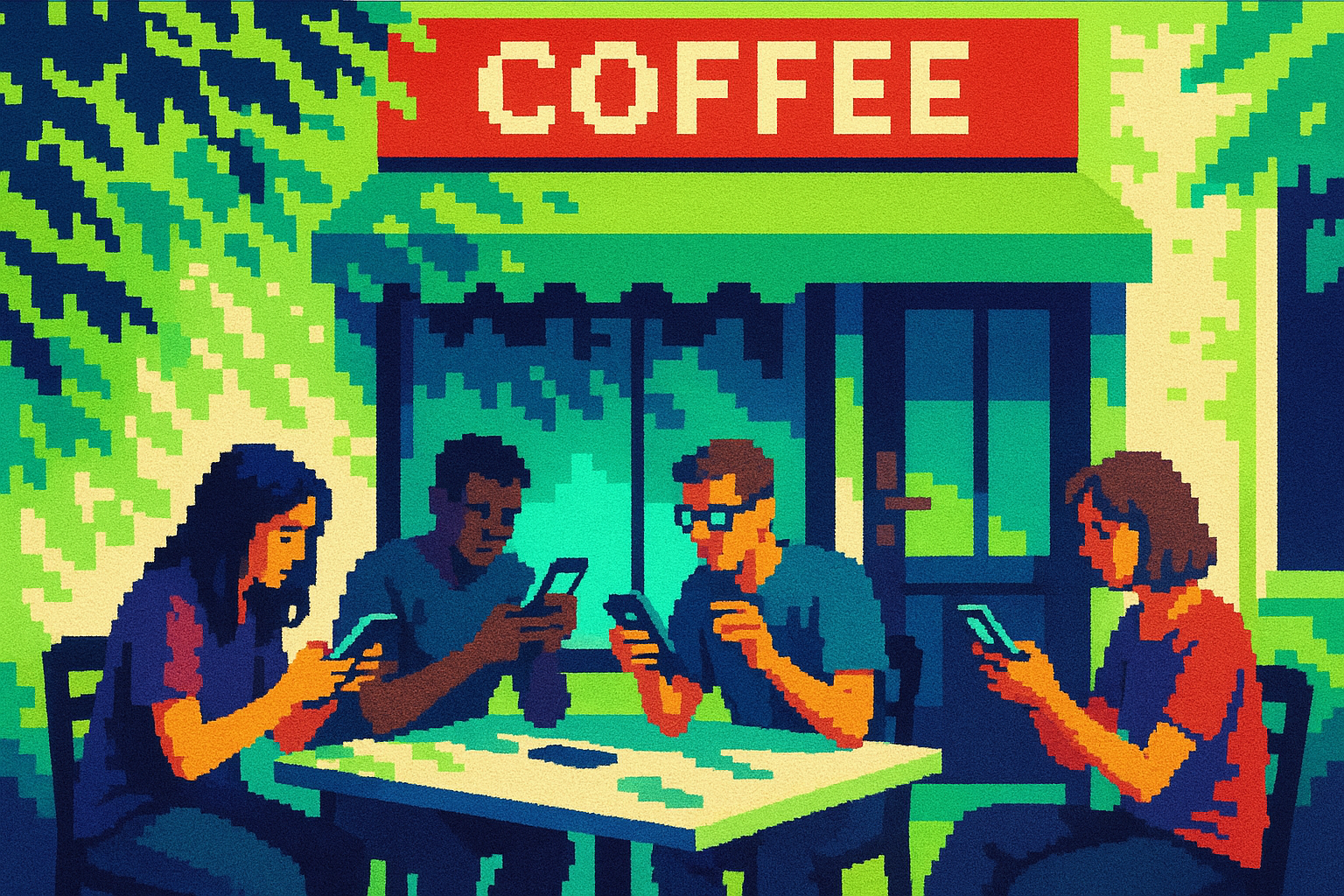 Pixel-art illustration: Outside a bustling coffee shop, a group of friends gathers around a sleek table, each absorbed in their smartphones as they experiment with Gemini; sunlight flickers through the leaves above, casting playfully shifting shadows except for one phone—its shadow freezes, stark and immovable, defying the swaying rhythm of the trees.