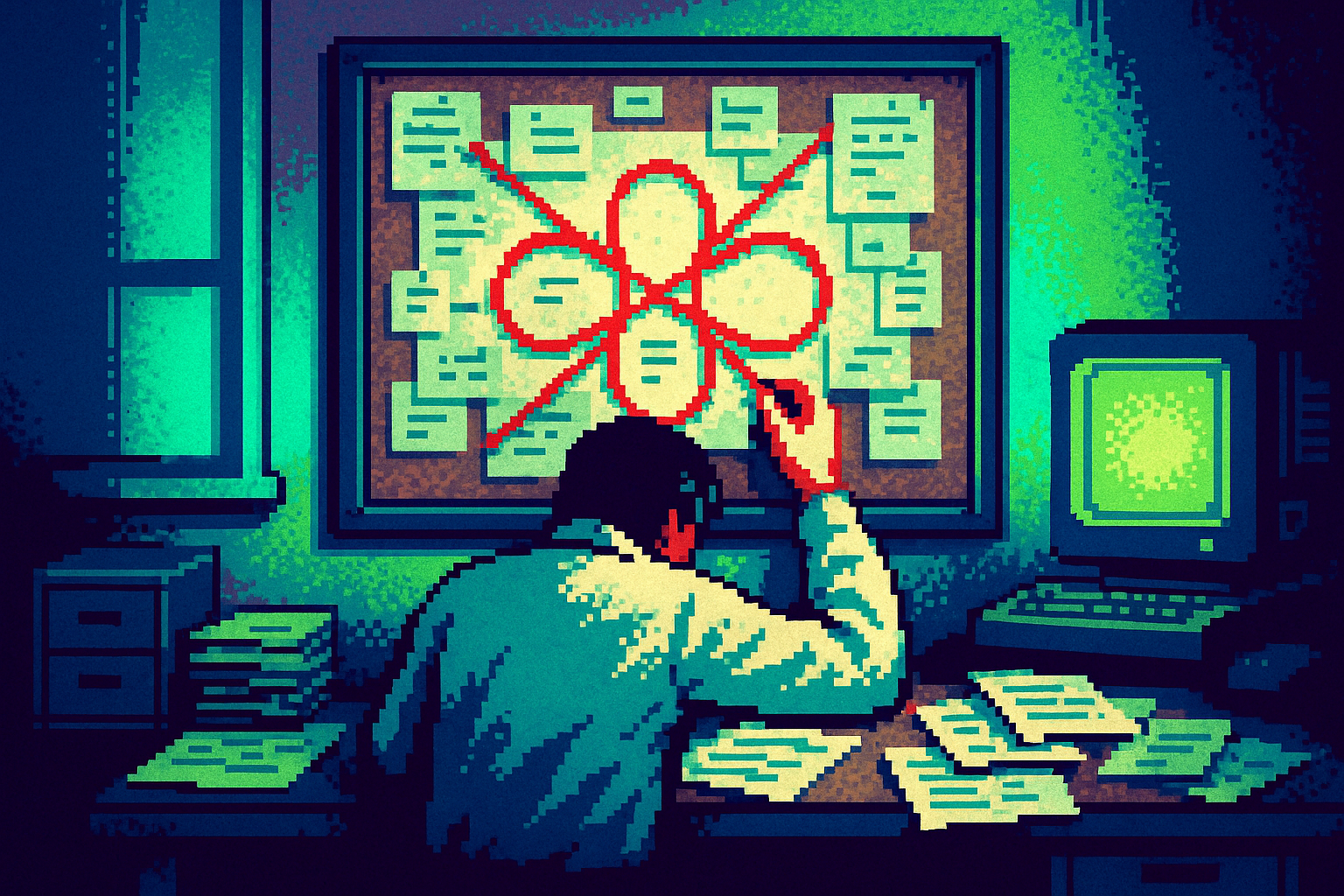 Pixel-art illustration: In a small, cluttered office, a researcher hunches over a mountain of printouts, connecting questions with red yarn on a corkboard—only to reveal that the red yarn inexplicably stretches out into a dozen seamless loops, endlessly circling back on themselves in defiance of physics.