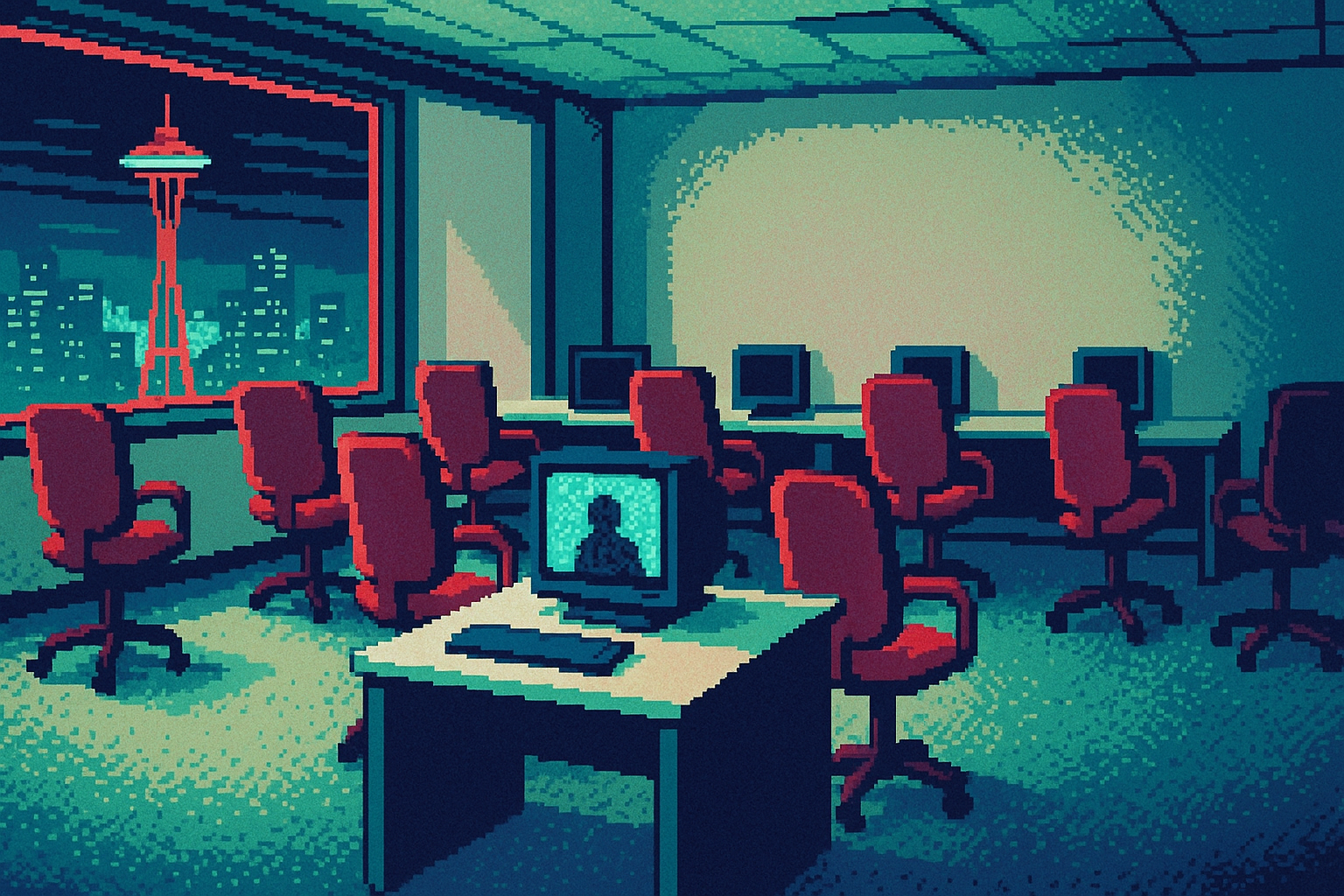 Pixel-art illustration: A lone, vacant office in a Seattle high-rise displays seven empty workstations, each chair turned away from its desk in eerie synchronicity, while one monitor flickers with a shadowy, unreadable pattern that doesn't match anything in the room.