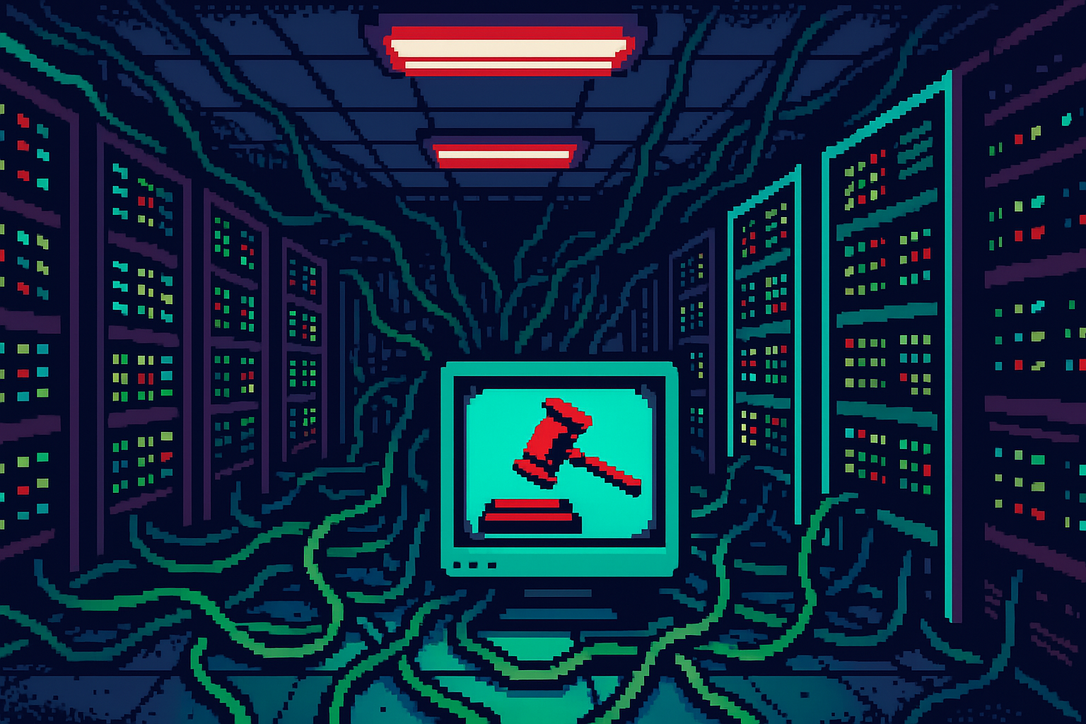 Pixel-art illustration: In a dimly-lit server room, rows of blinking machines hum quietly beneath a ceiling of fluorescent lights, their cables tangled like overgrown roots in a forest; amidst this organized chaos, a solitary monitor flickers, briefly displaying the ominous image of a courtroom, its gavel suspended mid-swing as if frozen in time.