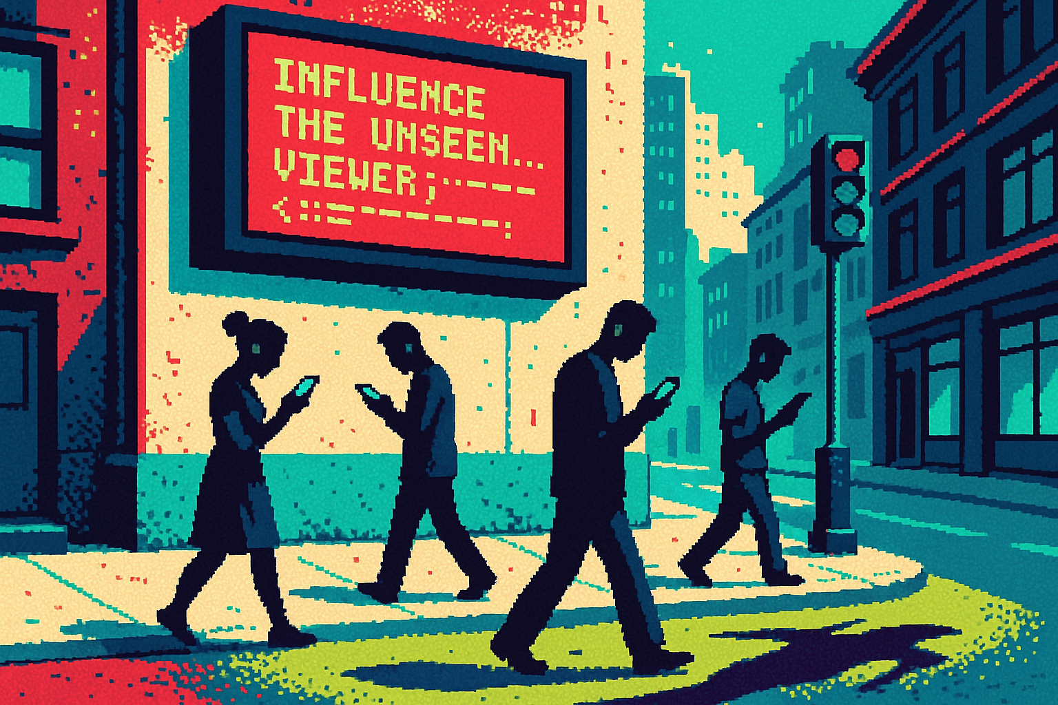Pixel-art illustration: A bustling city street at noon lies eerily silent, every person frozen in mid-stride, their eyes glued to their smartphones, while overhead an electronic billboard flickers with an advertisement featuring lines of code reading, "Influence the unseen viewer," and a shadow moves across the ground that doesn't match any figure above.