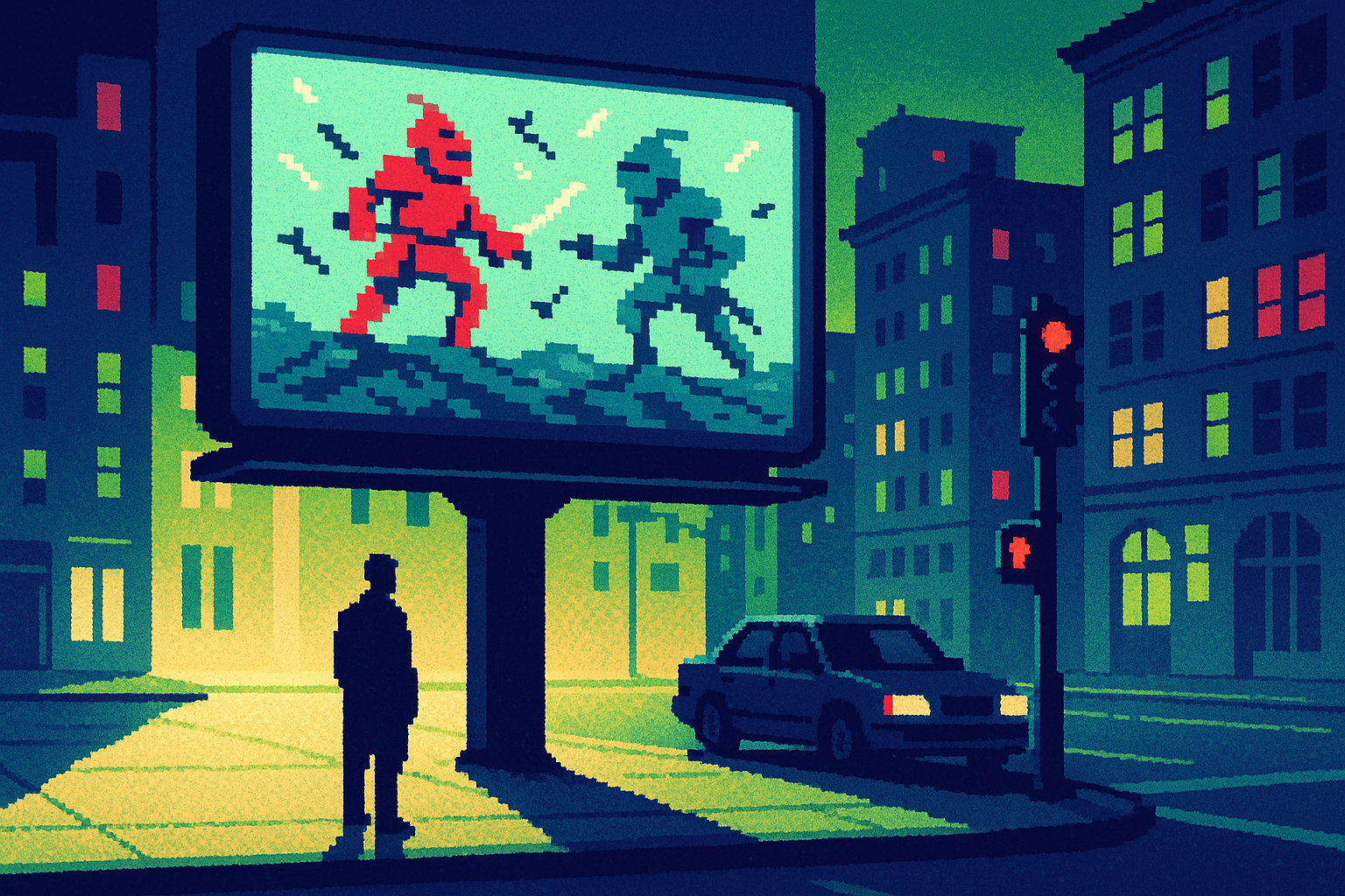 Pixel-art illustration: A busy San Francisco street corner during the evening rush is illuminated by a digital billboard displaying a chaotic sequence of pixelated knights clashing awkwardly, arrows skittering in reverse against a backdrop that wobbles as if the scene were taking place on the soft surface of a distant moon, while beneath it stands a billboard shadow stretching in the opposite direction, defying the setting sun.
