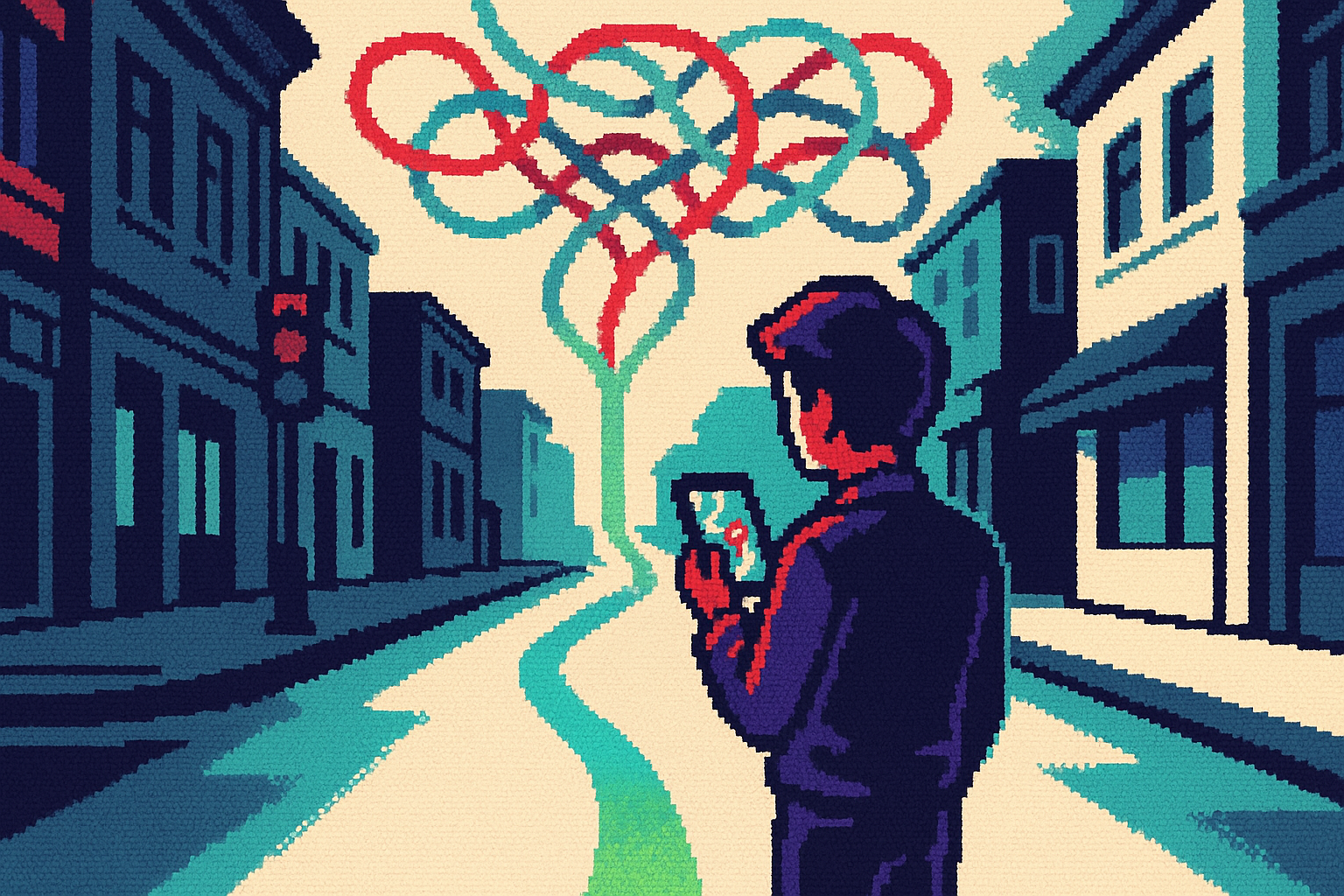 Pixel-art illustration: In a bustling city street at noon, a pedestrian pauses at a crossroads, phone in hand showing Google Maps, where the path beneath their feet curves seamlessly upward into the sky, diverging into colorful lines that form a tangled knot of routes above their head, left unresolved.
