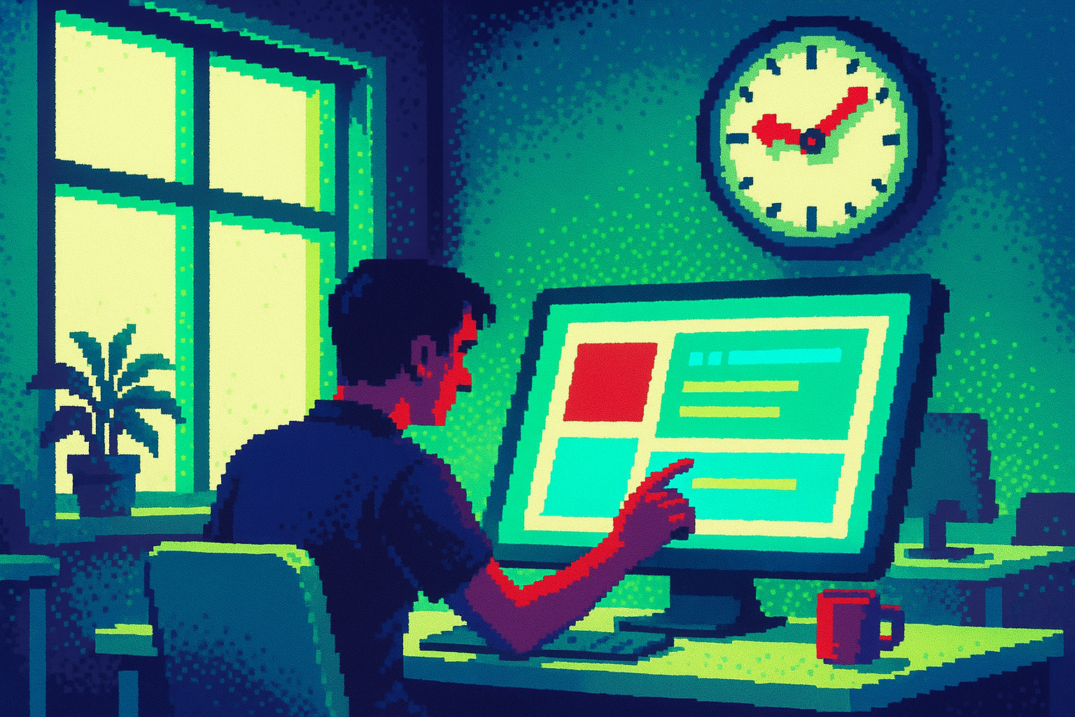 Pixel-art illustration: In a bright, bustling co-working space, a designer carefully manipulates a digital interface on a sleek, oversized monitor while a nearby analog clock on the wall inexplicably ticks backward, its mechanical hands slowly unwinding time.