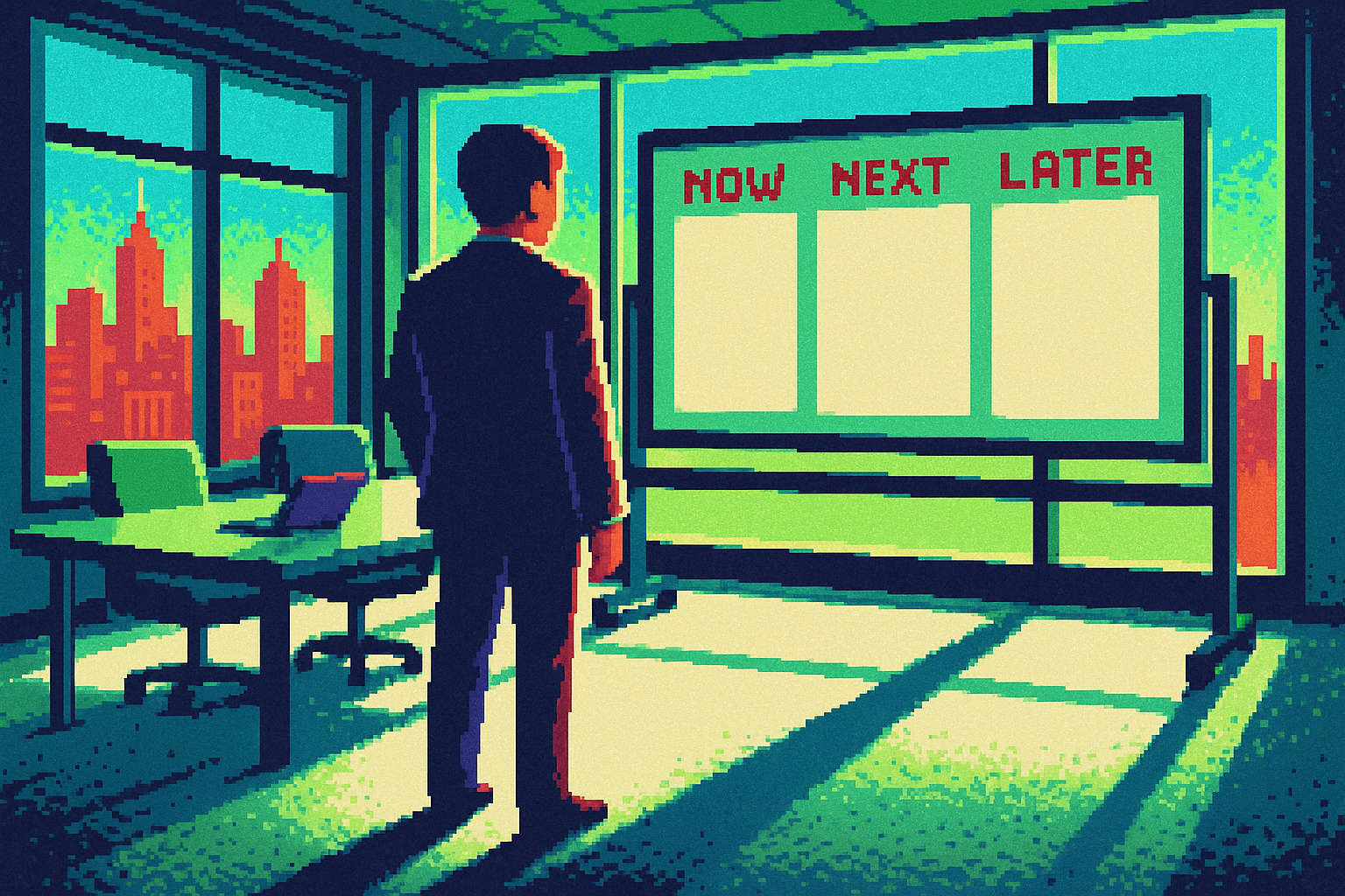 Pixel-art illustration: In a brightly lit conference room, surrounded by wall-to-wall windows showcasing a city skyline, an executive stares at a whiteboard filled with three bold columns marked "Now," "Next," and "Later," while a previously unnoticed shadow creeps diagonally upwards across the floor, defying the sharp overhead lights.