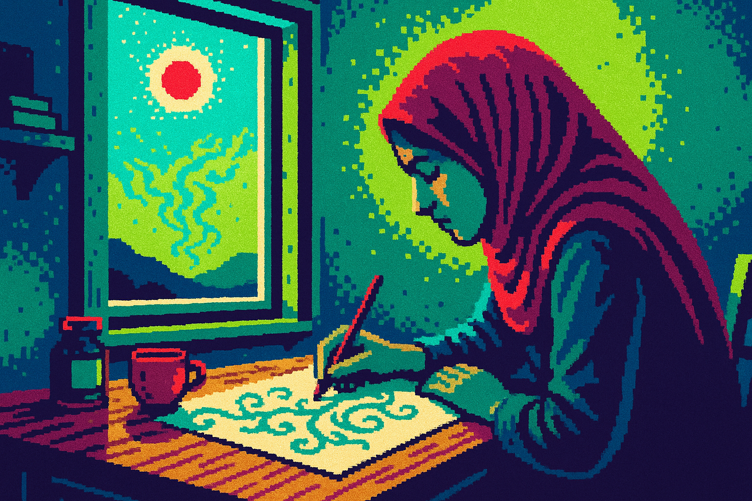 Pixel-art illustration: In a small, sunlit workshop filled with the scent of fresh paper and ink, Nosheen Ahmed leans over a long, oak table, tracing delicate lines with her pencil, while outside the window a second, equally fiery sun begins to rise, casting shadows that inexplicably curl and weave into patterns that mimic her handiwork inside.