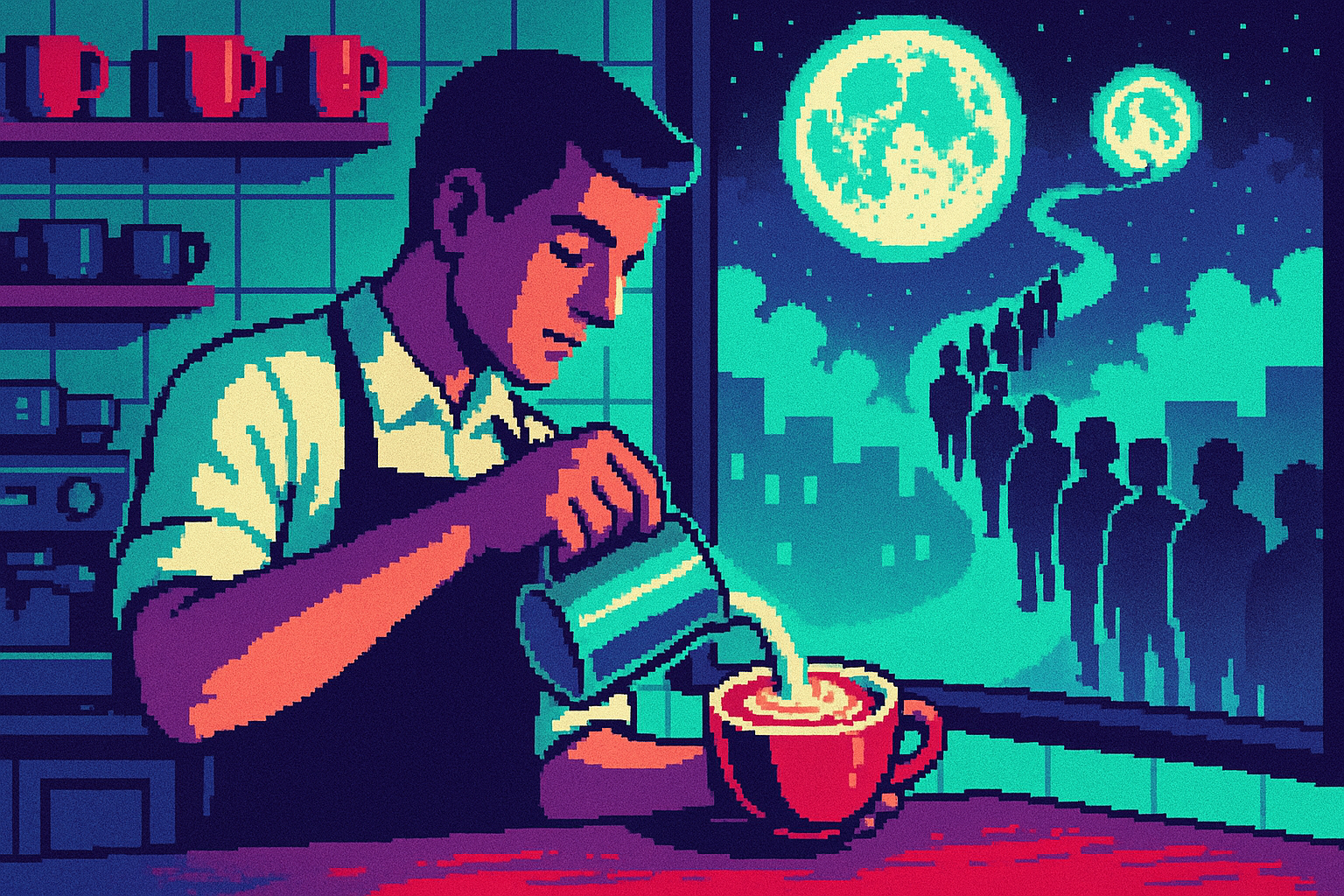 Pixel-art illustration: In a bustling coffee shop, a barista expertly pours a latte while the rest of the world fades into the dreamy backdrop of conversational hums and clinking cups; yet, the queue of eager customers extends out the door, disappearing into the sky where it coils around a second, smaller moon that flickers like an old neon sign.