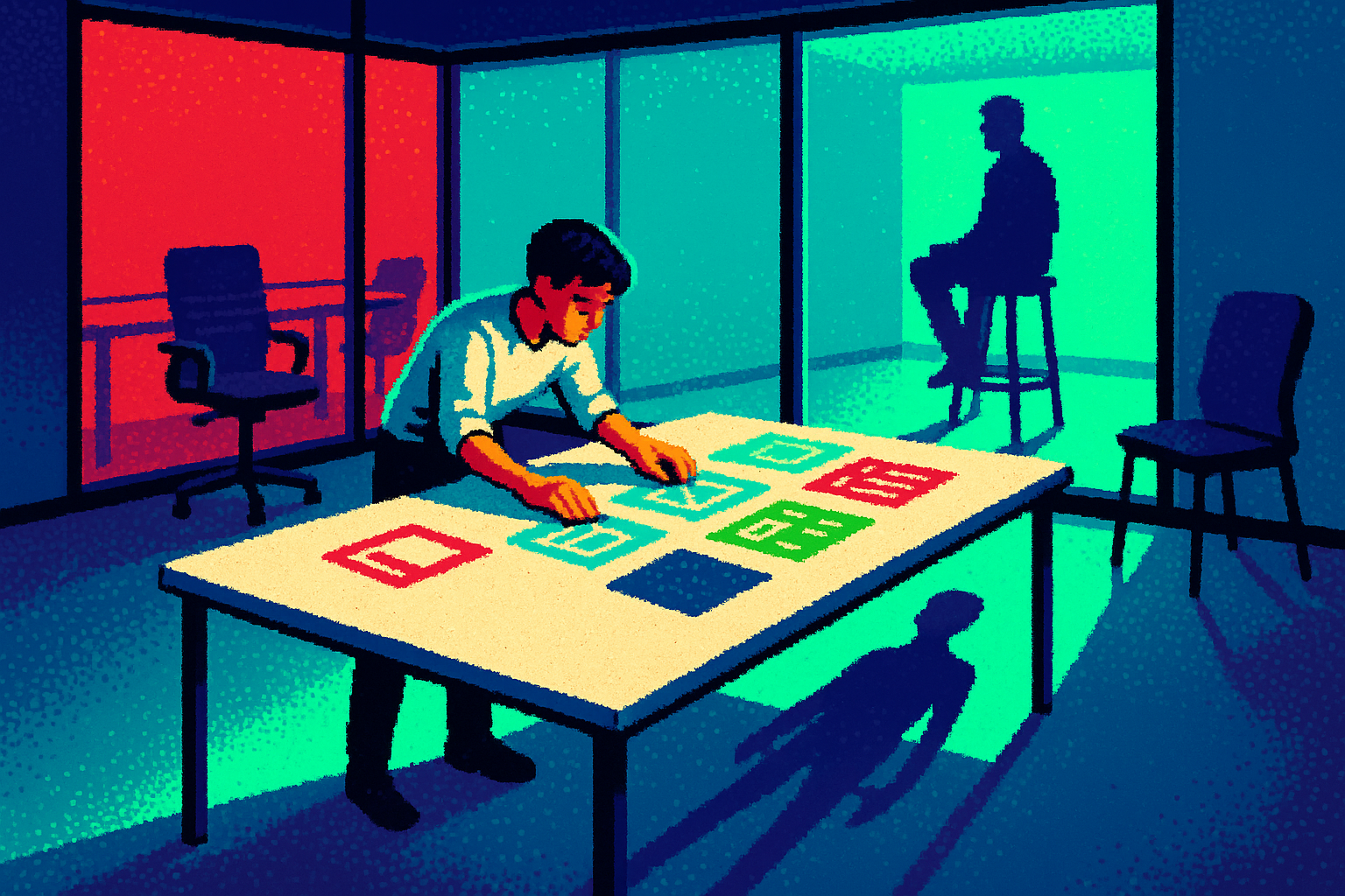 Pixel-art illustration: In a glass-walled conference room encased in sleek modernity, a junior designer meticulously arranges colorful wireframe sketches on a sprawling table, while just beyond, a senior designer overlooks from a high stool, their shadow cast on the floor in perfect symmetry—except it is pointing in the wrong direction, defying logic and alignment with every other shadow in the room.
