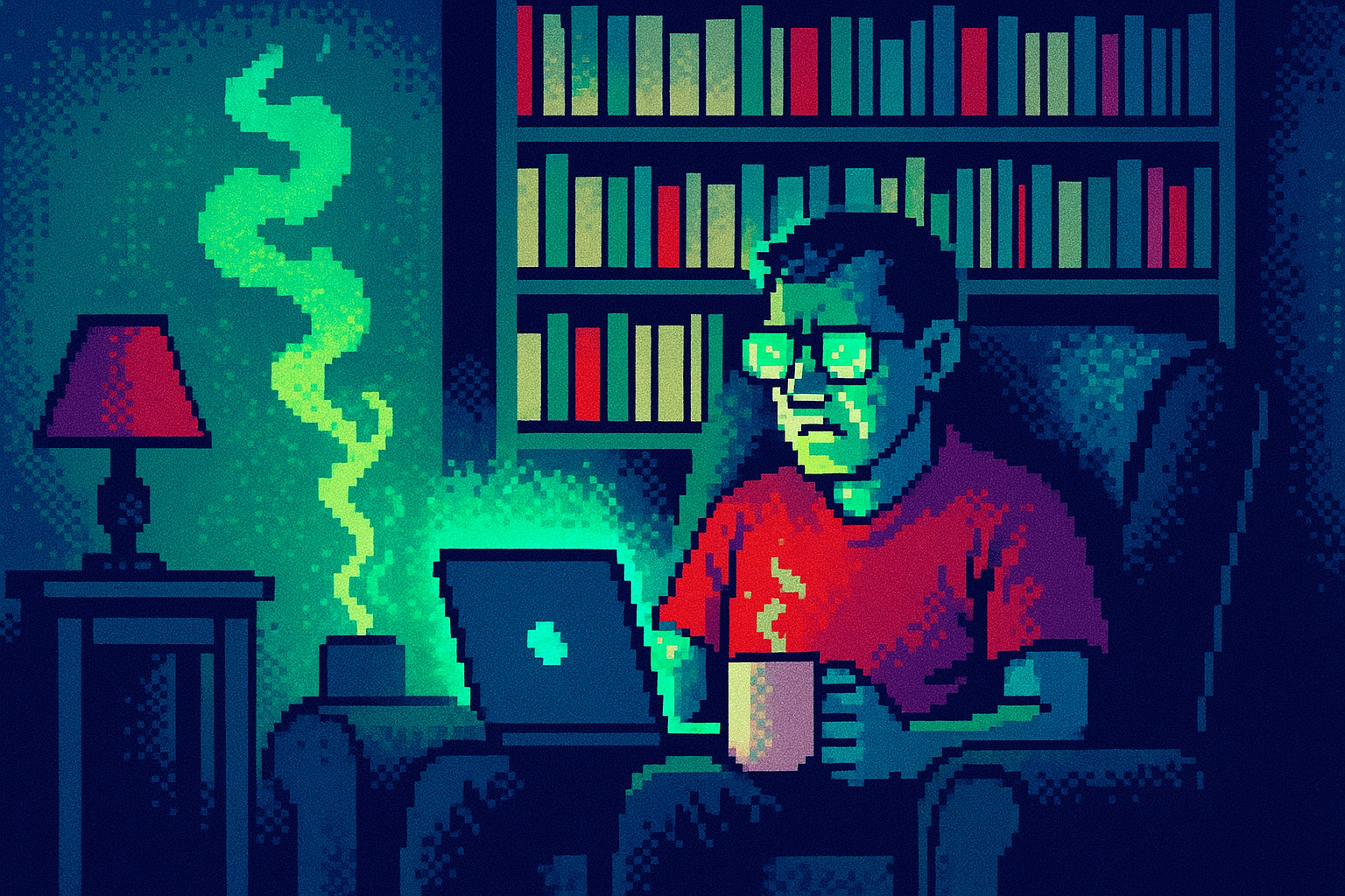 Pixel-art illustration: In a dimly lit living room, a meticulously arranged bookshelf looms over a weary Reddit moderator seated in a recliner, nervously clutching a mug that magically stays piping hot while the steam swirls upwards into a vague, ghostly shape before dispersing into nothingness; the soft glow of a laptop screen reflects off their glasses, where the automated rules interface glows ominously, whispering the tales of posts judged by an unseen, algorithmic judge.