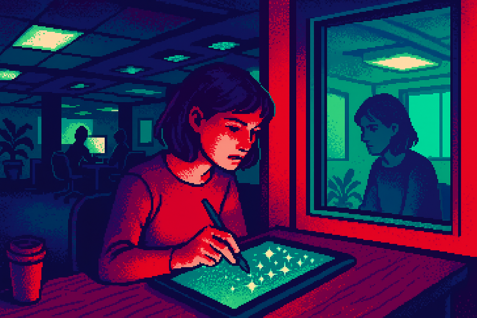 Pixel-art illustration: In a bustling co-working space, a designer absent-mindedly drags her stylus across a digital canvas on her tablet, each stroke leaving behind not the expected ink but an intricate pattern of tiny, shimmering stars; a nearby window reflects her focused expression but strangely, the reflection shows an empty room with a perfectly ordinary, blank canvas instead.