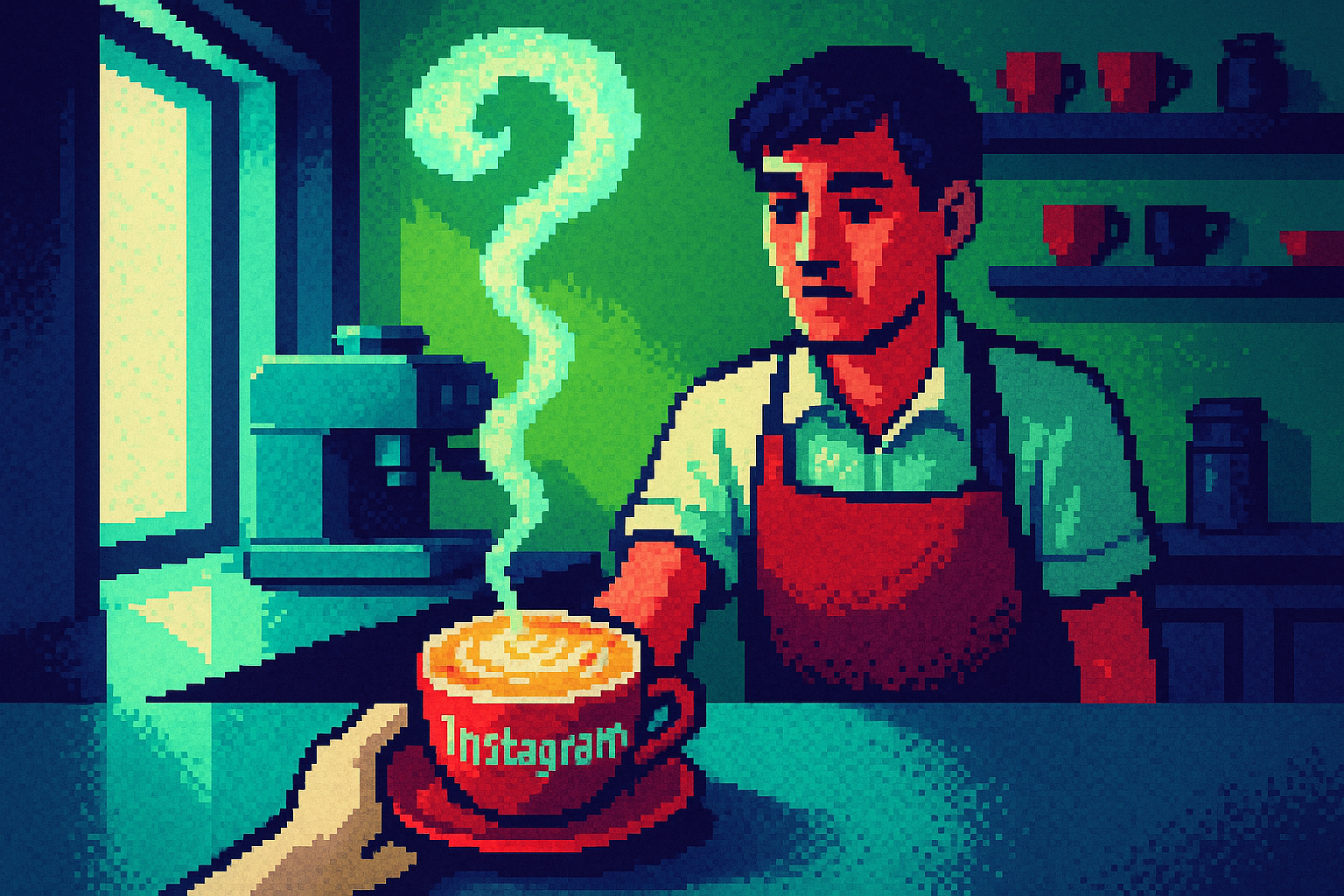 Pixel-art illustration: In a bustling coffee shop, a barista hands over a latte with "Instagzam" artfully written in foam, yet the steam rising from the cup twists into the shape of a question mark before fading into the air.
