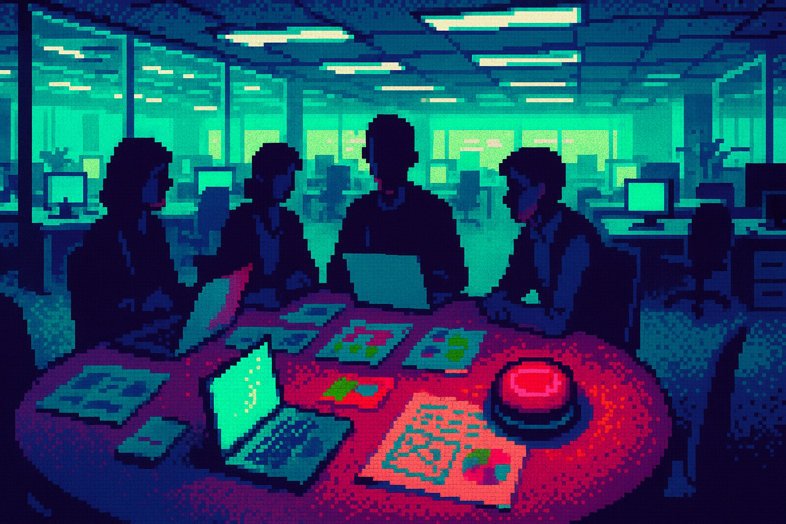 Pixel-art illustration: In a bustling open office bathed in the bluish glow of computer screens, a team huddled around a conference table strewn with colorful mockups and laptops, yet among the clutter a single button continued to pulse gently with a heartbeat-like rhythm, though no one had pressed it.