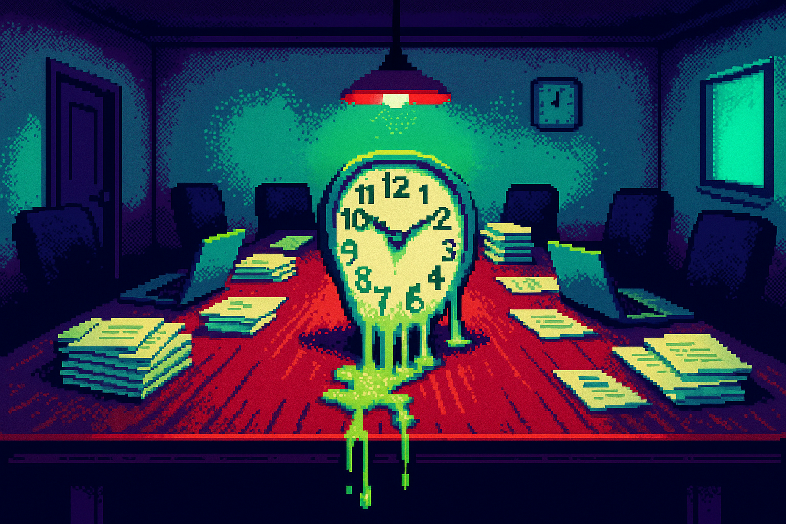 Pixel-art illustration: In a dimly lit conference room, a single bulb flickers above a long table scattered with stacks of paper and laptops open to half-completed projects, and at the center, an analog clock drips melted numbers down onto the polished wood, its hands still ticking as if unaware of the distortion.