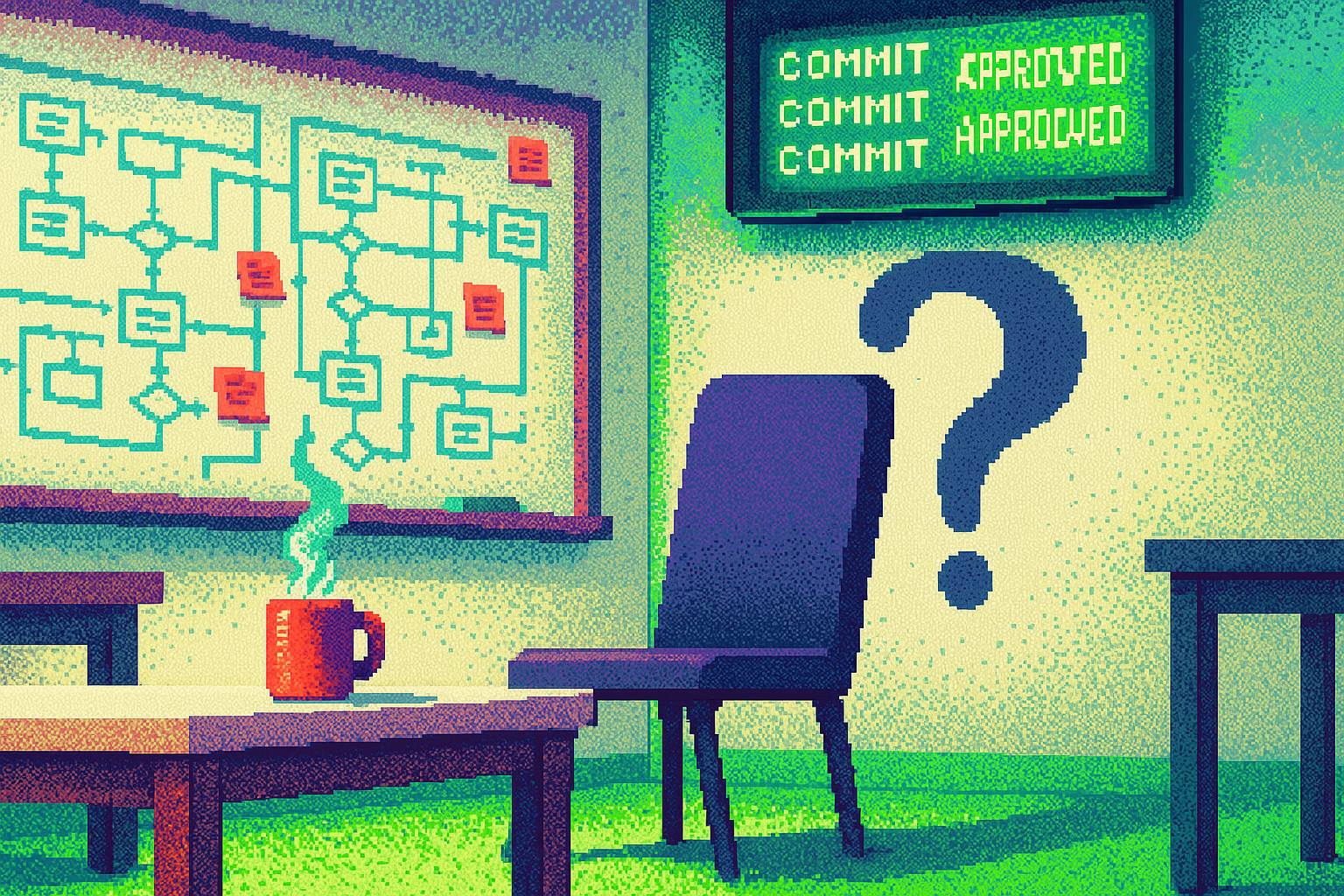 Pixel-art illustration: In a bustling co-working space with walls of whiteboards covered in meticulously detailed flowcharts and sticky notes, a solitary coffee cup sits steaming on a table beneath an unoccupied chair, its shadow inexplicably stretching up the wall like a looming question mark as a digital display above flashes real-time code commits being approved and deployed by an AI with an eerie green glow.
