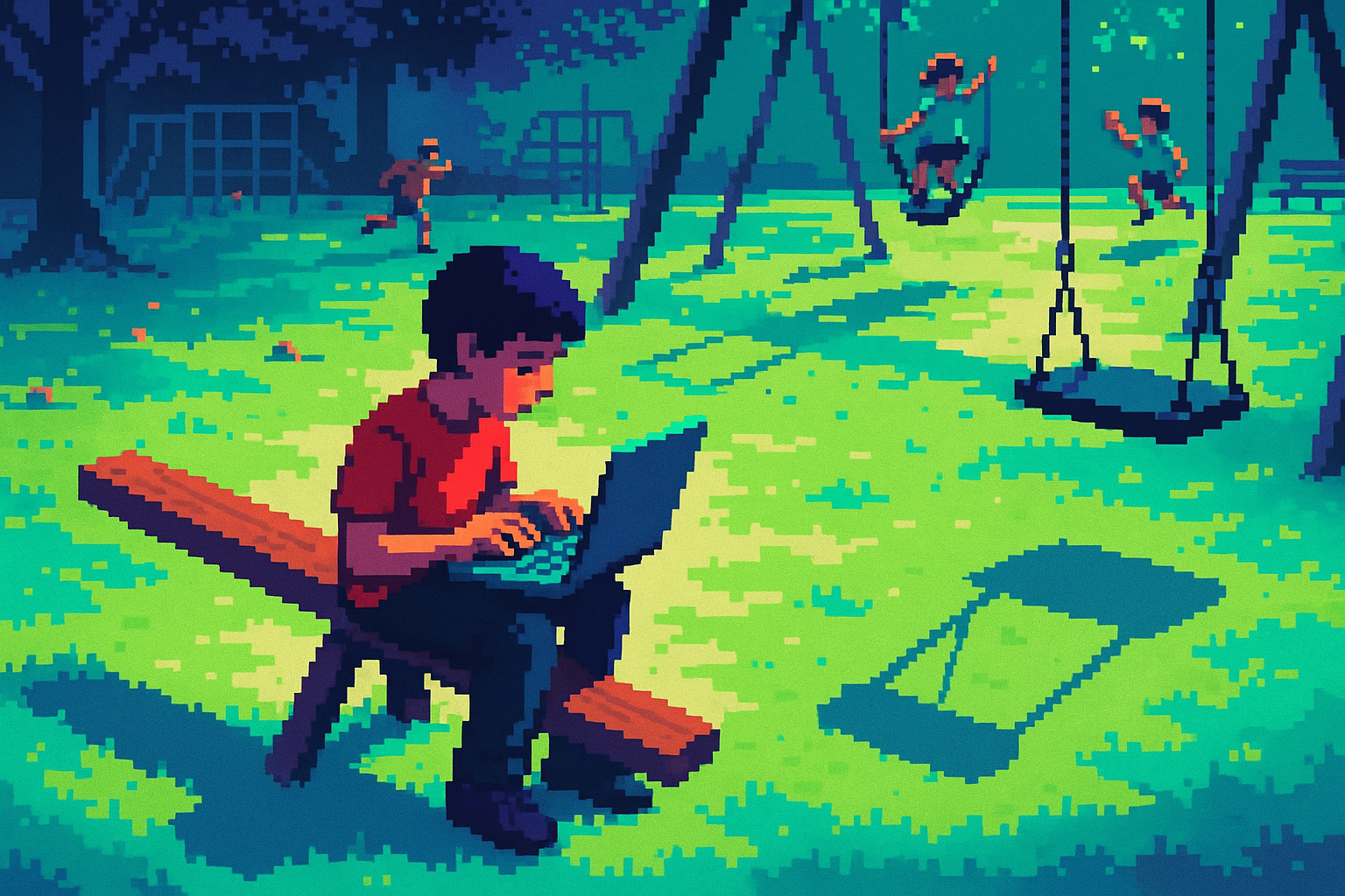 Pixel-art illustration: On a sun-dappled playground scattered with children swinging and playing, Wesley, perched on the seat of a wooden seesaw, taps away at a keyboard laid delicately across his lap, each keystroke echoing the soft urgency of someone guiding something unseen; beside him, the shadow he casts on the grass shows an empty, unmoving playground swing hanging in mid-air, as if held by invisible hands.