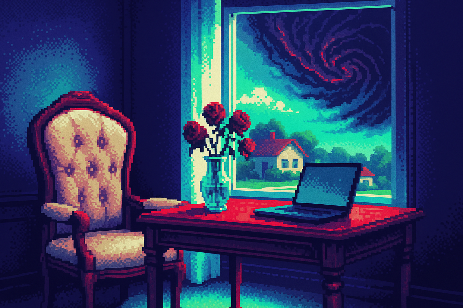 Pixel-art illustration: -desk remains empty, save for a single plush chair beside an elegant, antique mahogany table set by the window, where the sunlight filters through, illuminating a vase of wilting roses across from a sleek laptop in sleep mode; outside, the world glitters under a perfectly blue sky, yet the reflection in the glass shows an ominous storm swirling in fast-forward, dark clouds tumbling violently over a peaceful suburban street.
