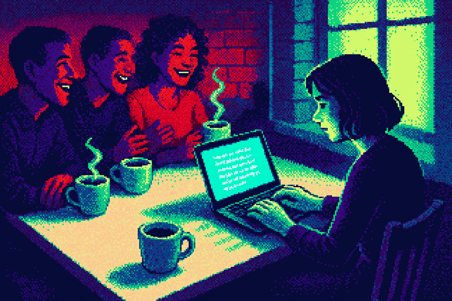 Pixel-art illustration: In a quiet café in Brussels, a group of friends laugh and chat over steaming cups of coffee while one of them, a writer, absentmindedly types on her laptop; yet, if you peer closely, every digital word she creates casts a faint, wavering shadow across the table, like a reflection from a window that isn't there.