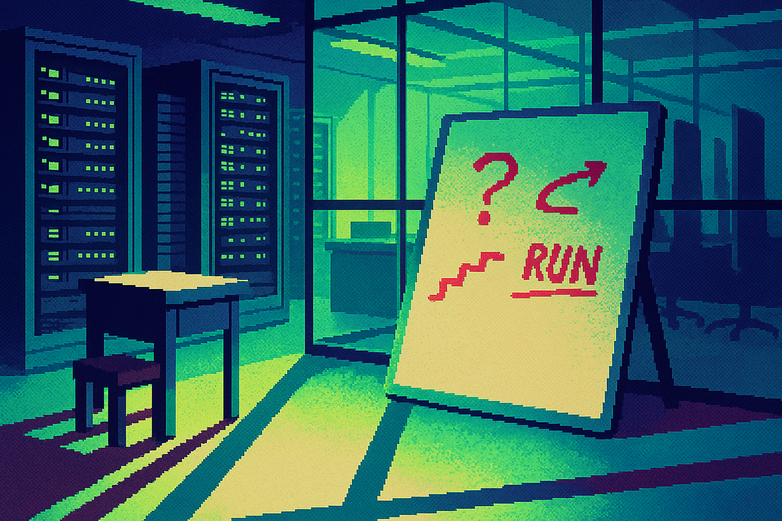 Pixel-art illustration: In a sleek, ultra-modern office where the servers hum like a distant conversation, a pristine whiteboard leans against a glass wall with cryptic notes hastily scrawled in dry-erase marker, yet the shadows cast by the room's few objects stretch impossibly upward, seeming to defy the overhead lights.