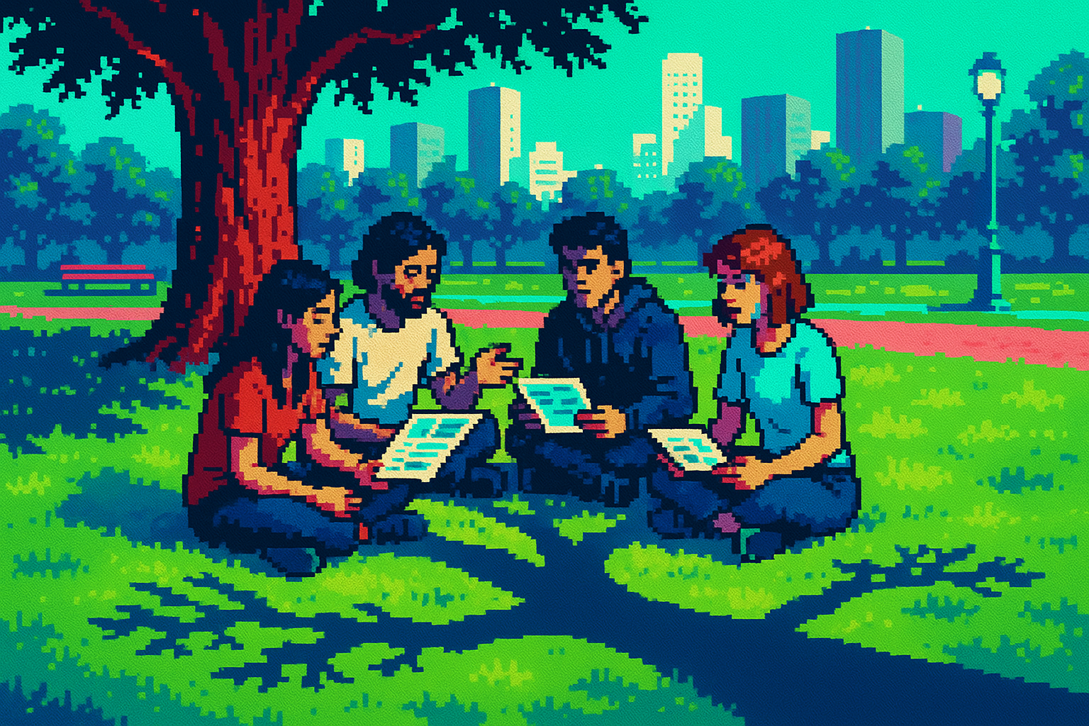 Pixel-art illustration: In a bustling city park at midday, a diverse group of young adults sits cross-legged on the grass, their faces absorbed in animated discussion as they pass around printed pages with AI-generated content, but alongside them, unnaturally, the shadow of an ancient oak tree stretches inexplicably in the opposite direction, defying the sun's position high above.