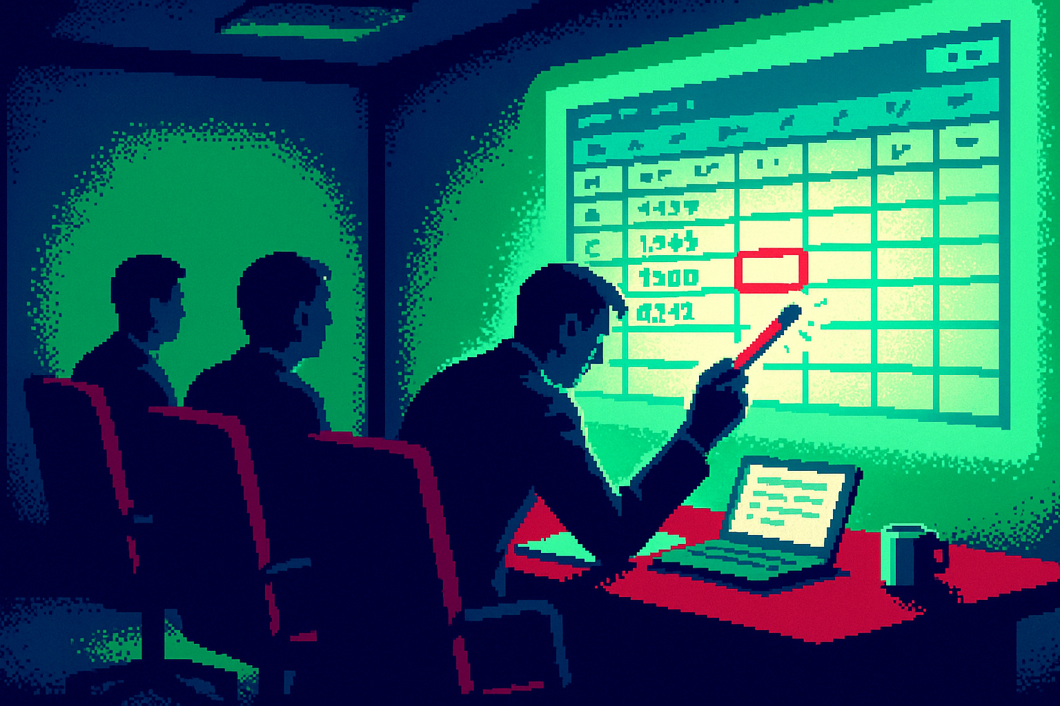 Pixel-art illustration: In a dimly lit conference room, a group of executives sit at a long mahogany table, their faces illuminated by the glow of a looming spreadsheet projected onto the wall, as one of them begins to erase and rewrite cell formulas with a pencil that never stops moving, even when lifted from the paper.