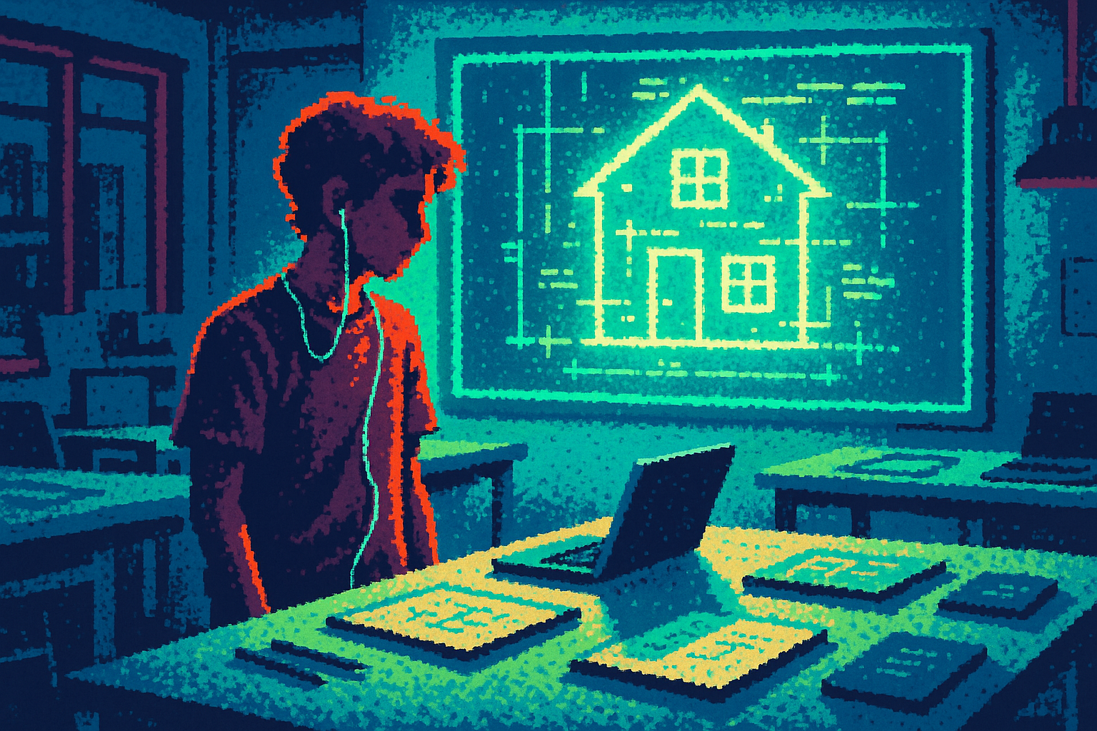Pixel-art illustration: In a bustling university design studio, a student with earbuds tangled around their neck stands hesitantly at a workbench strewn with sketchpads and laptops, while a lone, luminous blueprint glows on the wall behind them, slowly rewriting itself with moving lines and shifting text to predict jobs in real-time future tense.