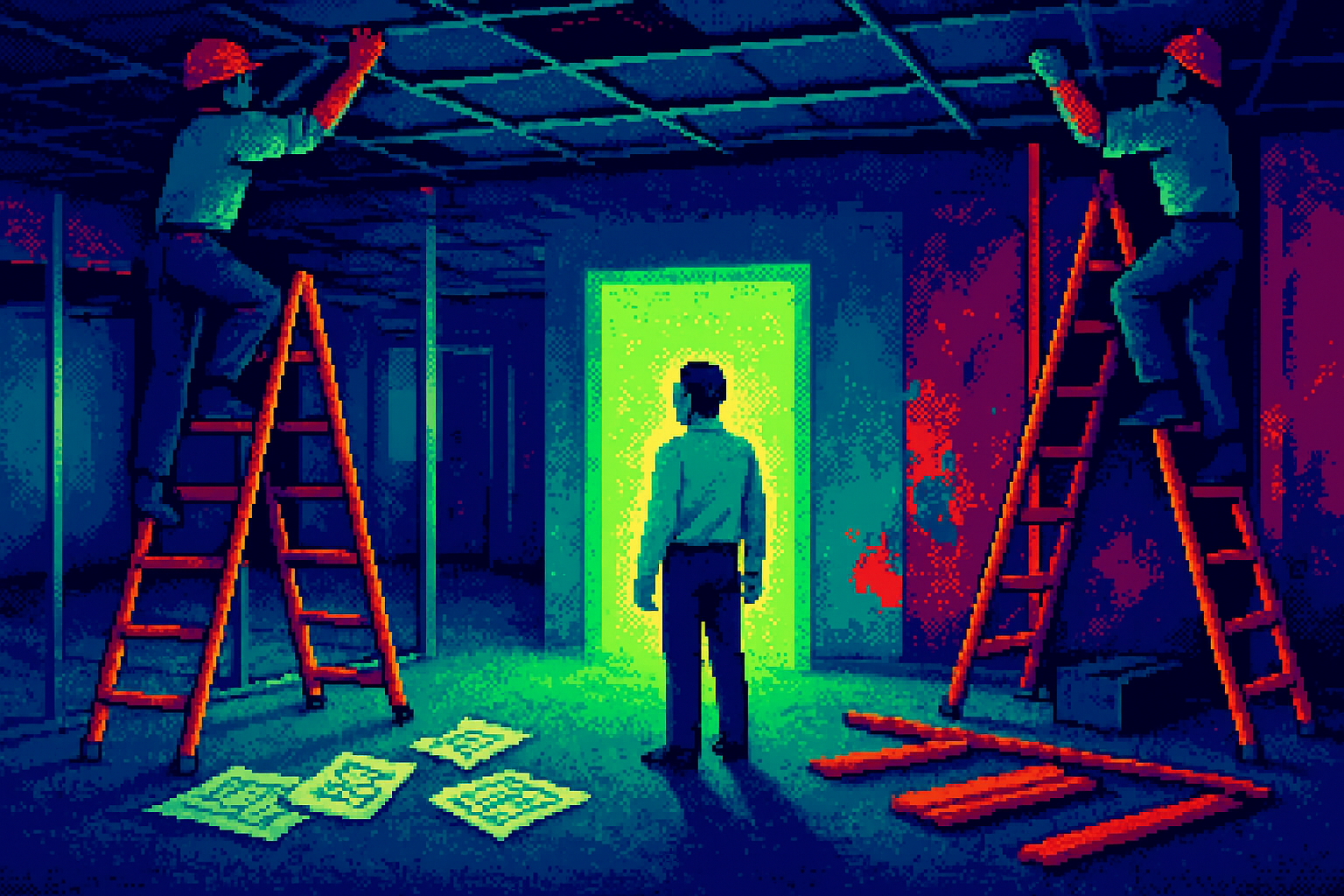 Pixel-art illustration: In a bustling construction site, two technicians precariously balance on ladders, adjusting ceiling panels, while the Vice President stands confused in the midst of scattered blueprints and half-finished drywall, unperturbed by the eerie sight of a glowing door that leads nowhere.