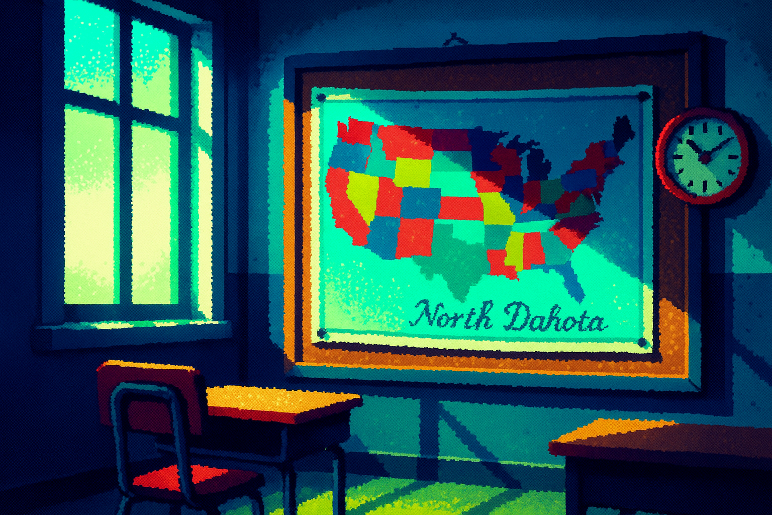 Pixel-art illustration: In a sunlit classroom at Farnsley Middle School, a vibrant map pinned to the corkboard proudly labels the states — except one, where "North Dahota" is written in elegant cursive, while the students' giggles echo into the hallway and the clock on the wall ticks backwards, counting down the lesson's end.