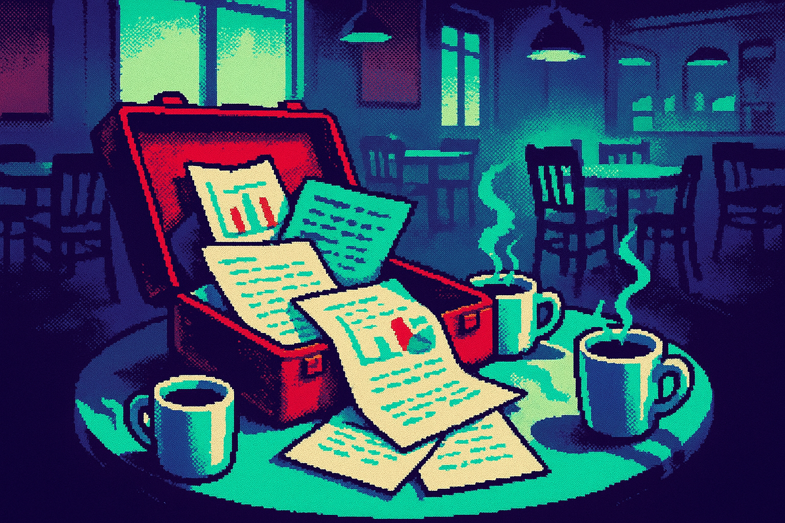 Pixel-art illustration: In a dimly lit back corner of a bustling coffee shop, an overstuffed briefcase spills open on a small round table, revealing a tangled mess of brightly colored charts and handwritten interview notes; around it, steaming mugs stand untouched, casting shadows that bend and flicker in impossible directions, defying the table's surface.