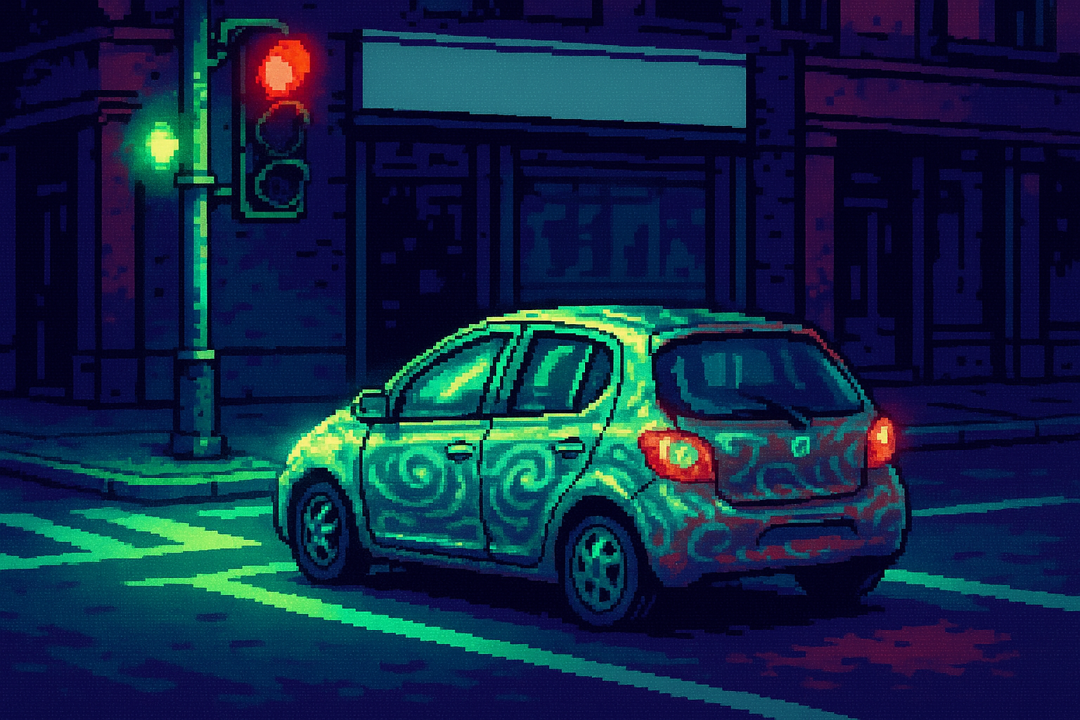 Pixel-art illustration: Under the glow of flickering streetlights in a bustling city intersection, a rusty Toyota Yaris sits idle at a red light, its surface transformed into a digital camouflage of swirling, iridescent patterns that seem to ripple and shimmer as if alive, while the reflection in a nearby store window shows no car at all, just the vacant street.
