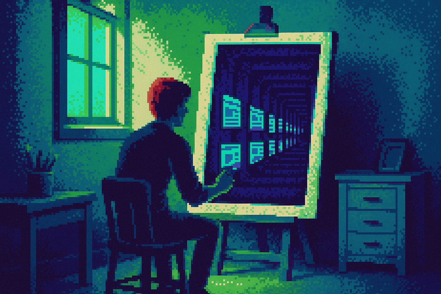 Pixel-art illustration: In a dimly lit room, a designer sits at an easel where the canvas should be, but instead of a blank page, there’s an infinite tunnel stretching deep into the earth, lined with flickering screens that pulse with indigo light, each displaying identical blue-and-purple web pages in a hypnotic loop.