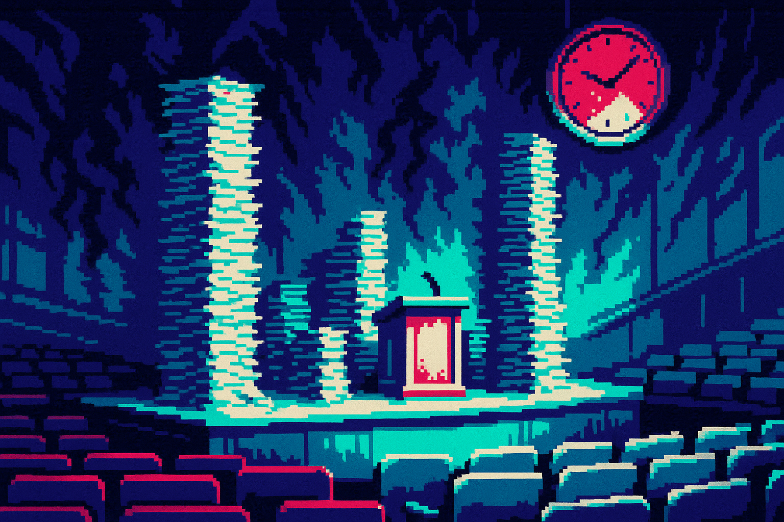 Pixel-art illustration: In a grand lecture hall filled with rows of empty wooden seats, the stage is chaotic with stacks of towering paper piles reaching impossibly high into the rafters, casting strange shadows that writhe and shiver slightly, as though alive, but the massive clock above the lectern, where the keynote speaker normally stands, hangs upside-down, its minute hand slowly ticking backward.
