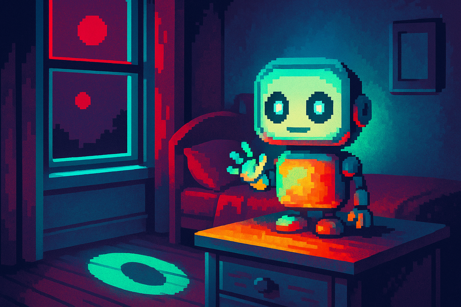 Pixel-art illustration: In the warm glow of a child's bedroom, a small, robotic friend with wide, expressive eyes stands expectantly on the nightstand, softly illuminating the room with a shifting rainbow of lights, its mechanical fingers frozen midway through a comforting gesture, while outside the window, a second, unexpected moon casts an unsettling shadow on the floor.