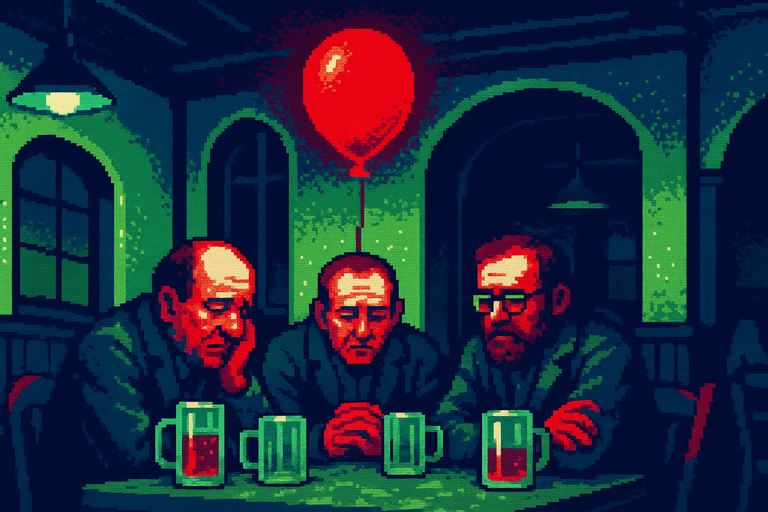 Pixel-art illustration: In a dimly lit European pub, a group of seasoned engineers huddles around a table littered with empty pint glasses, their faces etched with resignation; yet, from the ceiling, a single, glowing red balloon remains suspended, unmoved by time or gravity, casting an eerie reflection over the camaraderie below.