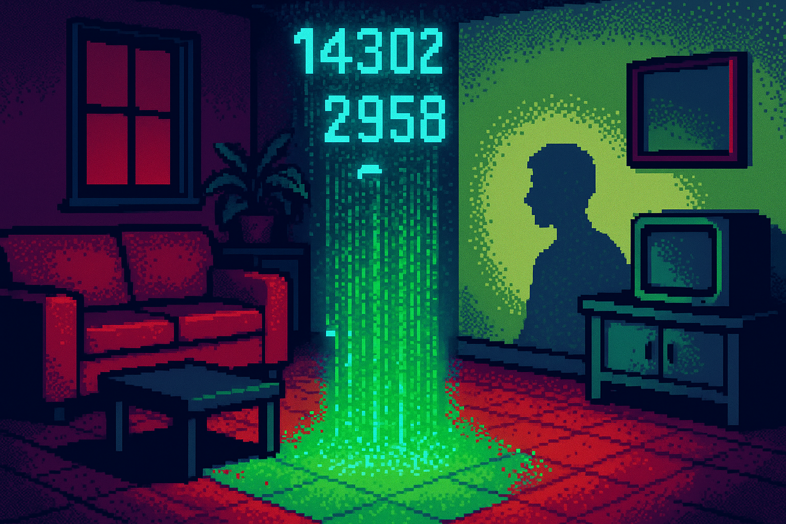 Pixel-art illustration: a misstep might mean you walk into your living room and find your bank account projected mid-air, the numbers flowing and shifting like a digital waterfall, while a single shadow on the wall traces the outline of a person who isn’t there.